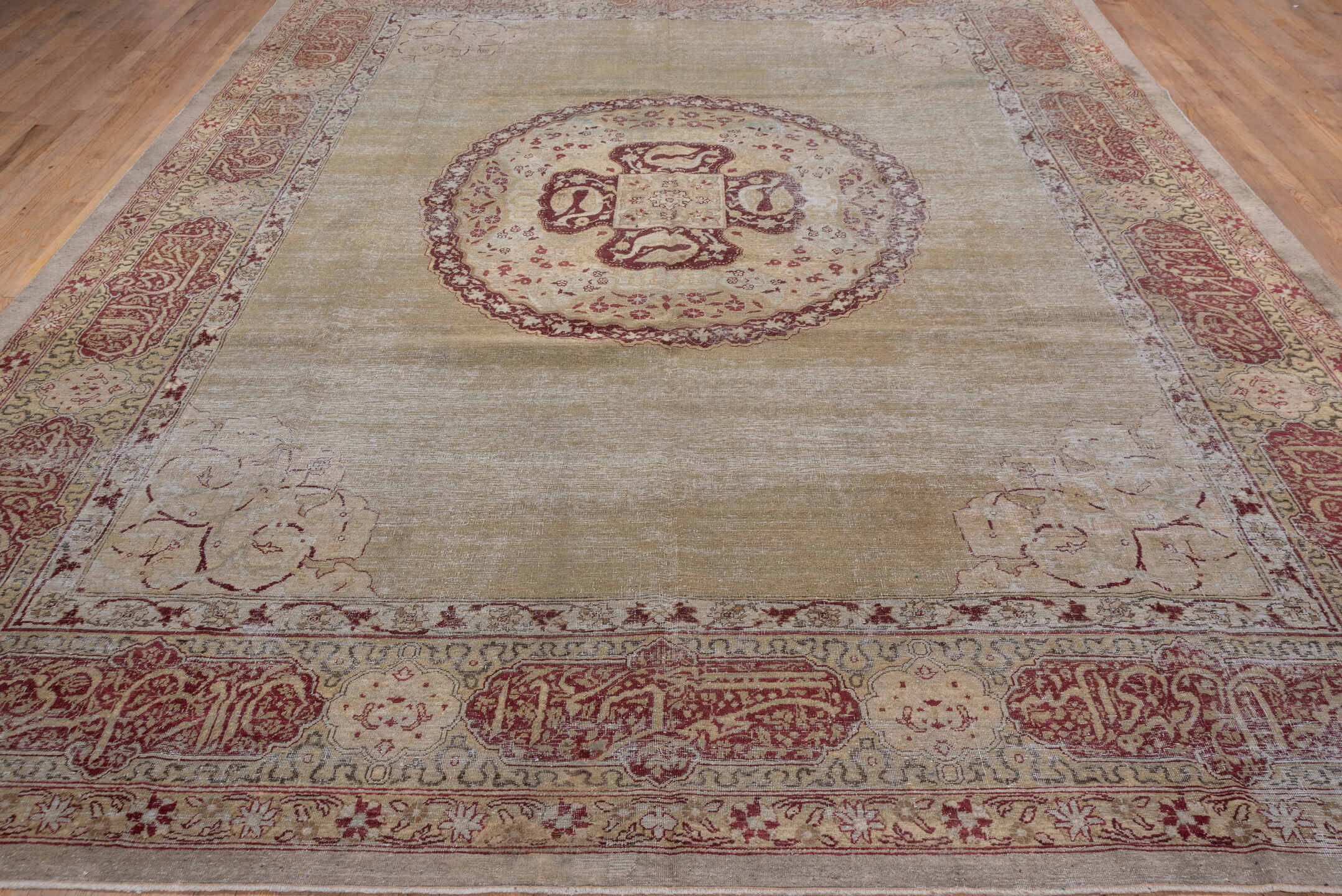 10' x 13' one-of-a-kind handmade antique Amritzar large size rug. Color palette: camel, ivory, burgundy, taupe, rose, sage