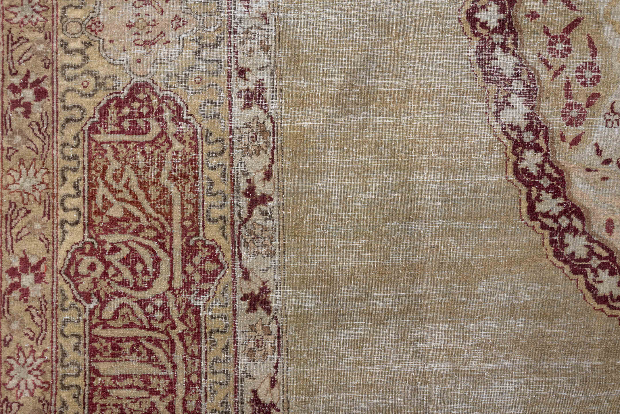 10' x 13' one-of-a-kind handmade antique Amritzar large size rug. Color palette: camel, ivory, burgundy, taupe, rose, sage