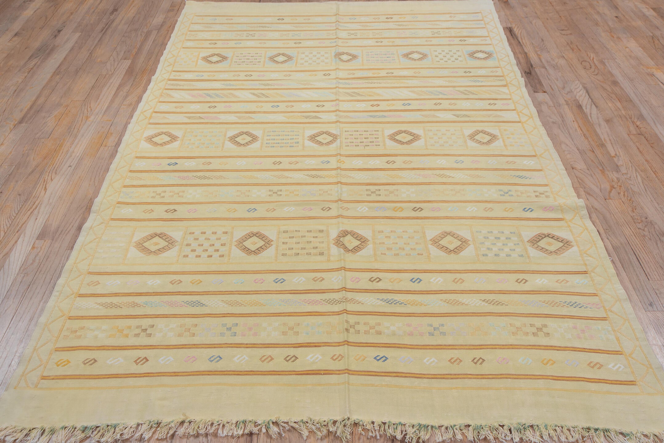 5' x 8' one-of-a-kind handmade vintage Cactus Kilim medium size rug. Color palette: ivory, pale gold, camel, taupe, sage