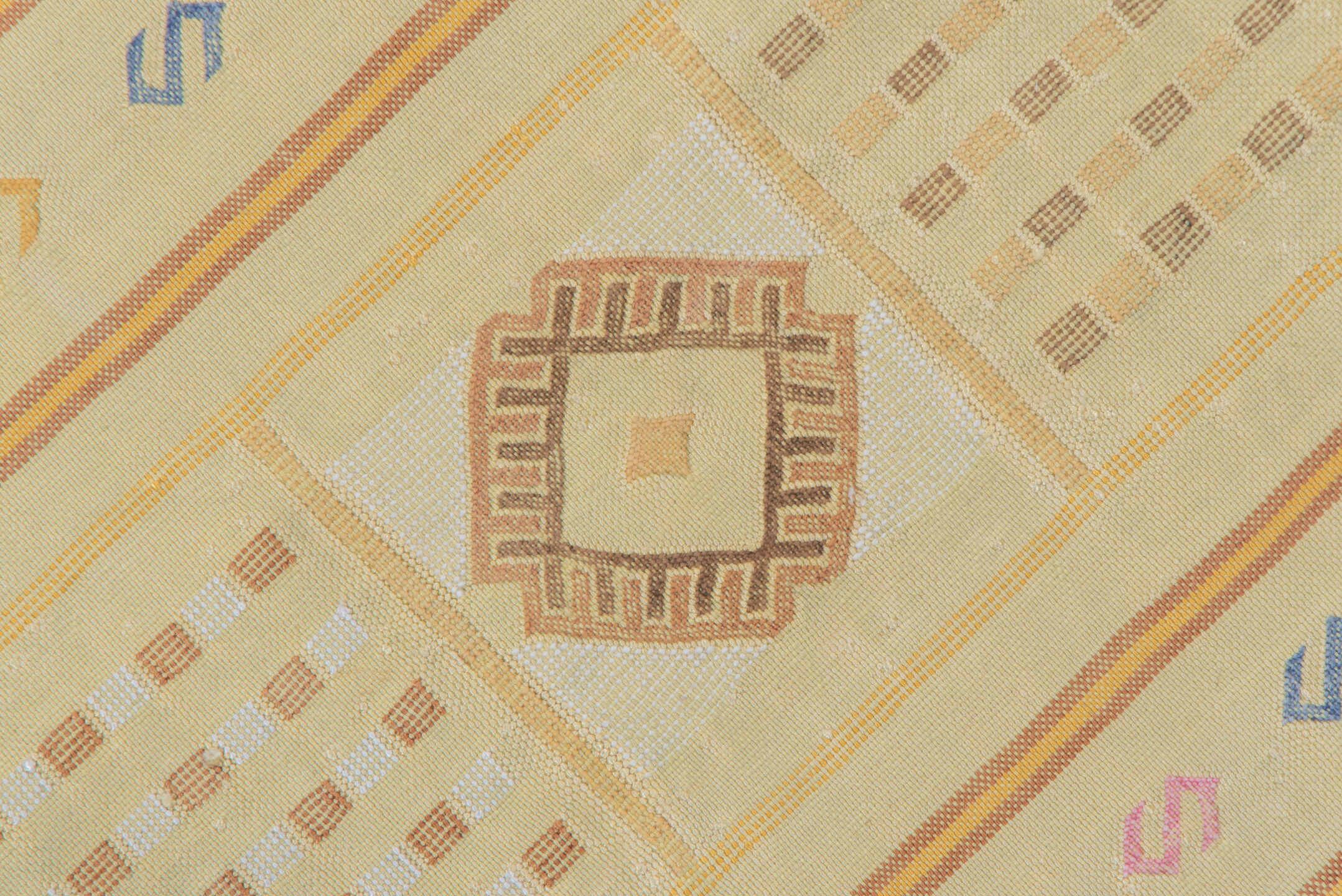 5' x 8' one-of-a-kind handmade vintage Cactus Kilim medium size rug. Color palette: ivory, pale gold, camel, taupe, sage