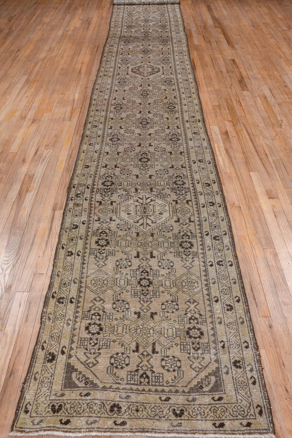 2' x 19' one-of-a-kind handmade vintage Malayer runner rug. Color palette: brown, gray, off-white, pink, snow, white