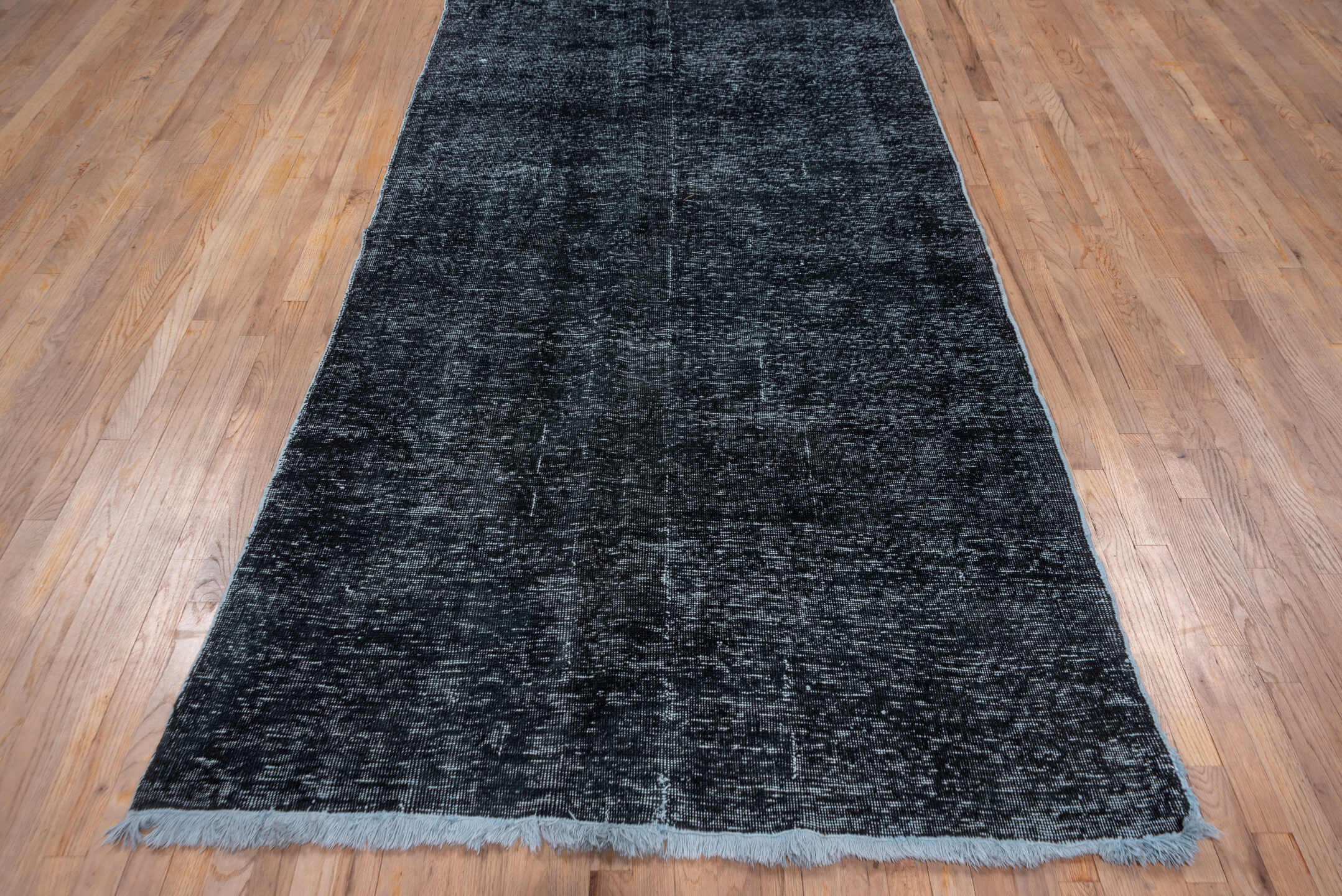 4' x 12' one-of-a-kind handmade vintage Overdyed runner rug. Color palette: black, blue, gray, light blue, light slate gray