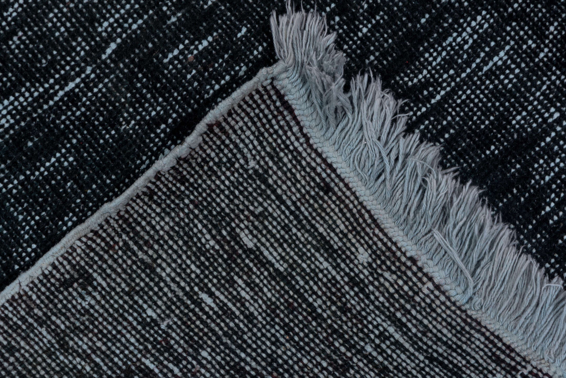 4' x 12' one-of-a-kind handmade vintage Overdyed runner rug. Color palette: black, blue, gray, light blue, light slate gray