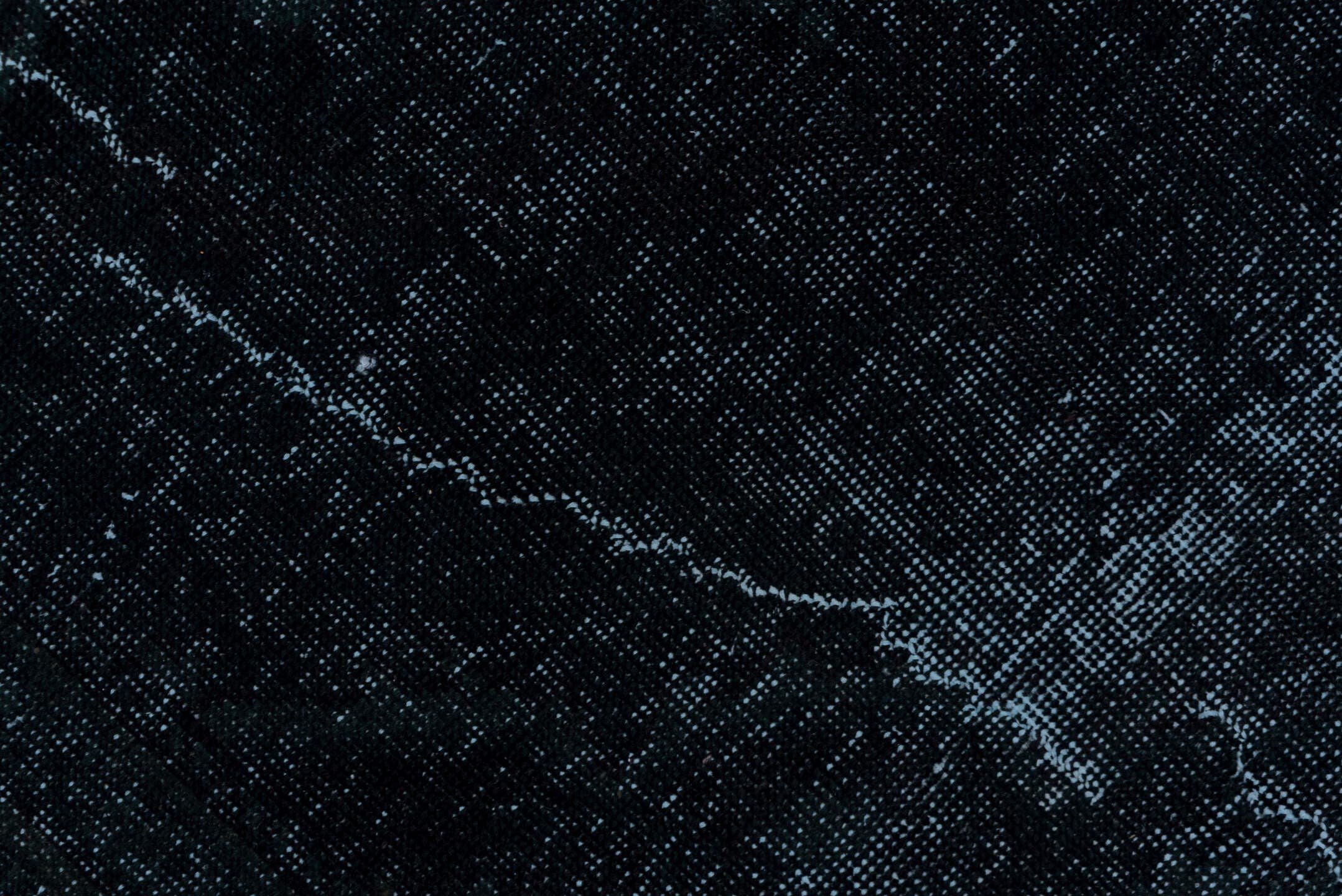 4' x 11' one-of-a-kind handmade vintage Overdyed runner rug. Color palette: charcoal, slate, blue, ivory, gray, black
