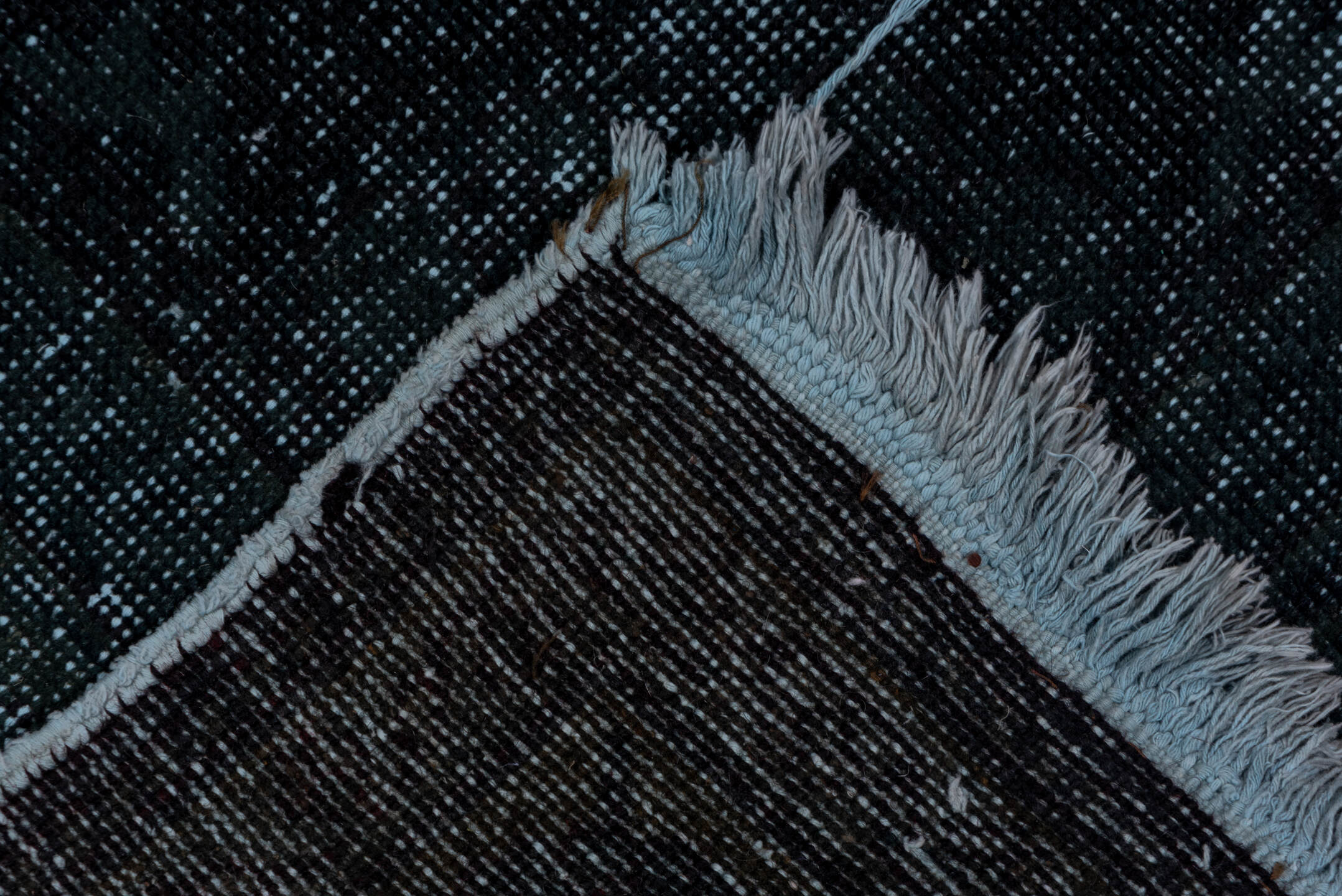 4' x 11' one-of-a-kind handmade vintage Overdyed runner rug. Color palette: charcoal, slate, blue, ivory, gray, black