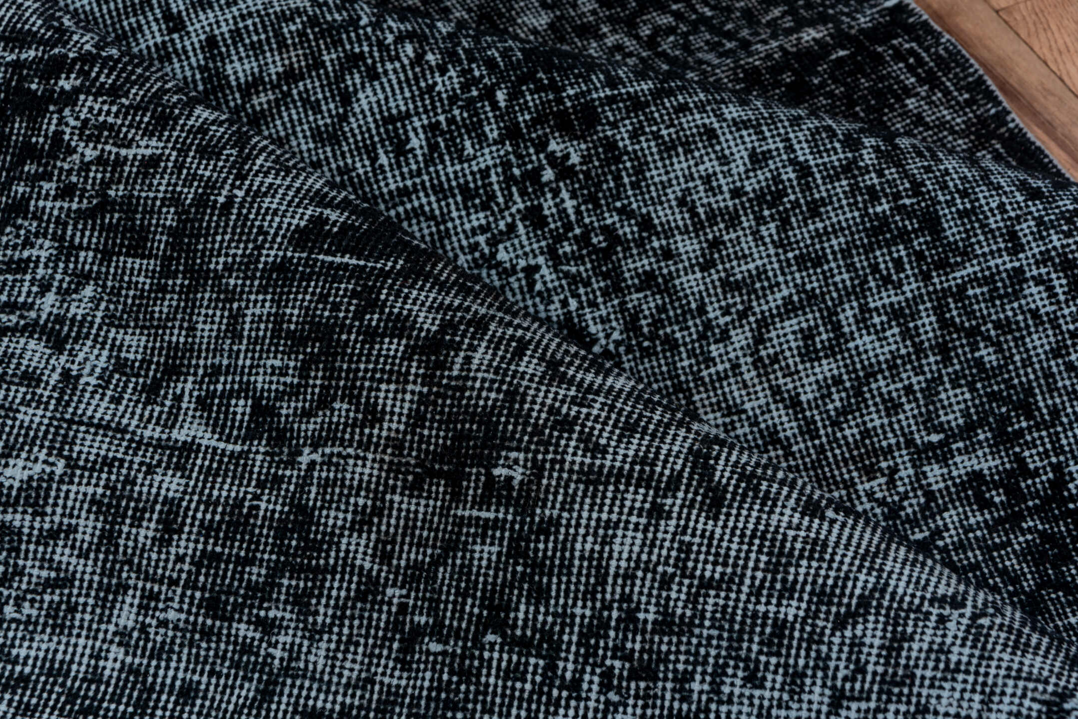 5' x 12' one-of-a-kind handmade vintage Overdyed runner rug. Color palette: slate, charcoal, steel_blue, silver, gray, black