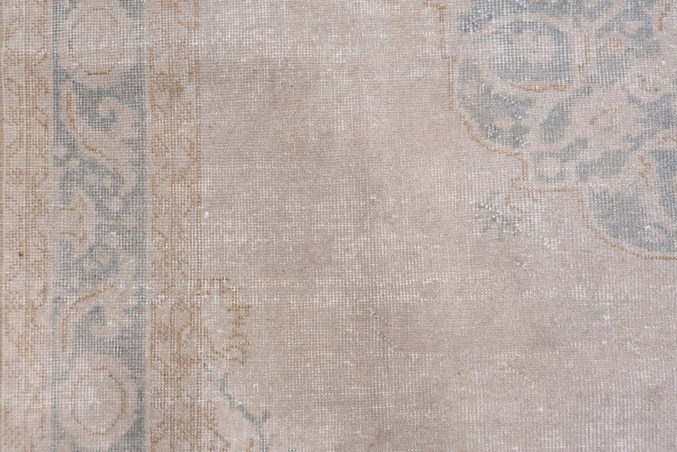 7' x 10' one-of-a-kind handmade vintage Oushak large size rug. Color palette: ivory, beige, taupe, pale blue, sand
