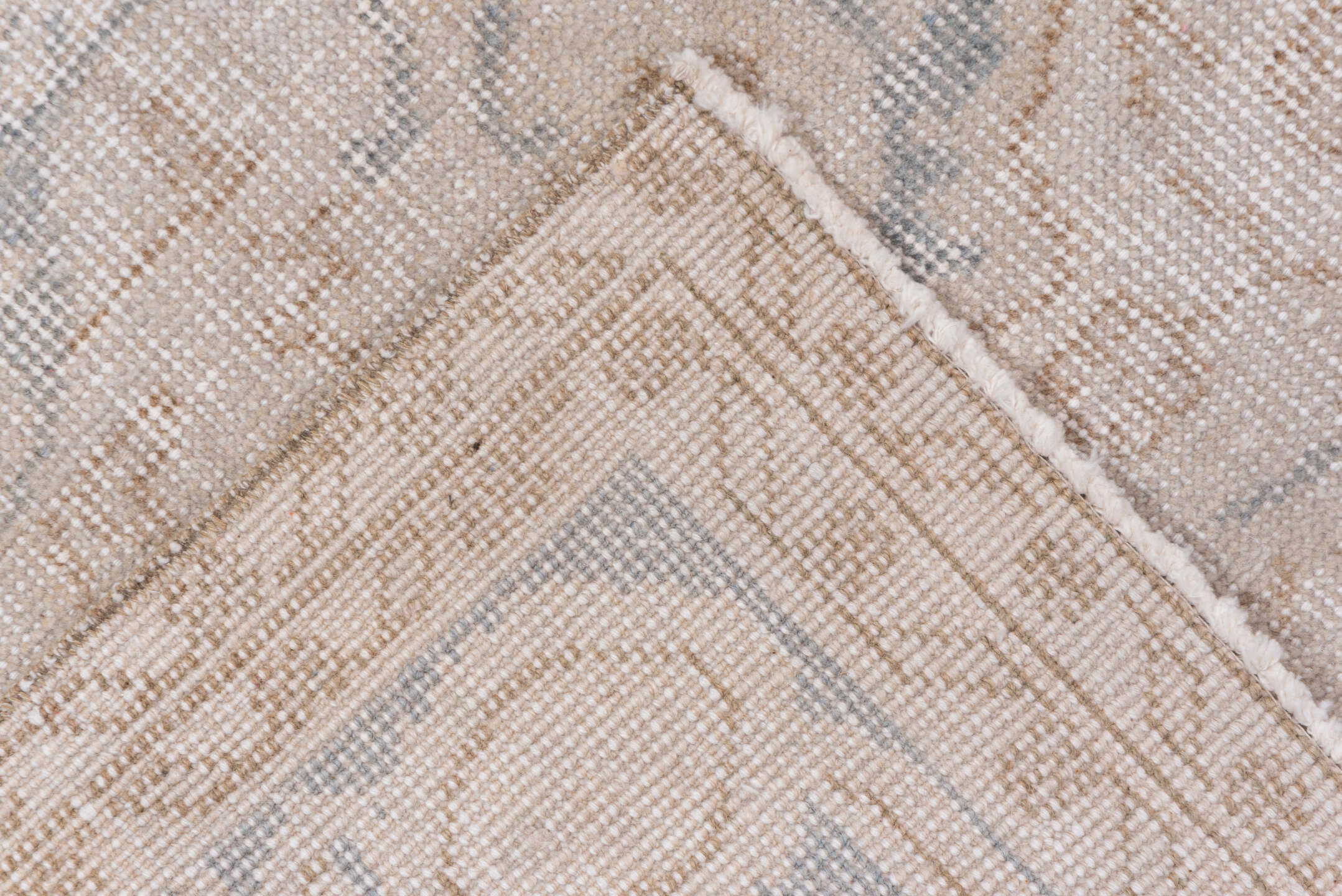 7' x 10' one-of-a-kind handmade vintage Oushak large size rug. Color palette: ivory, beige, taupe, pale blue, sand