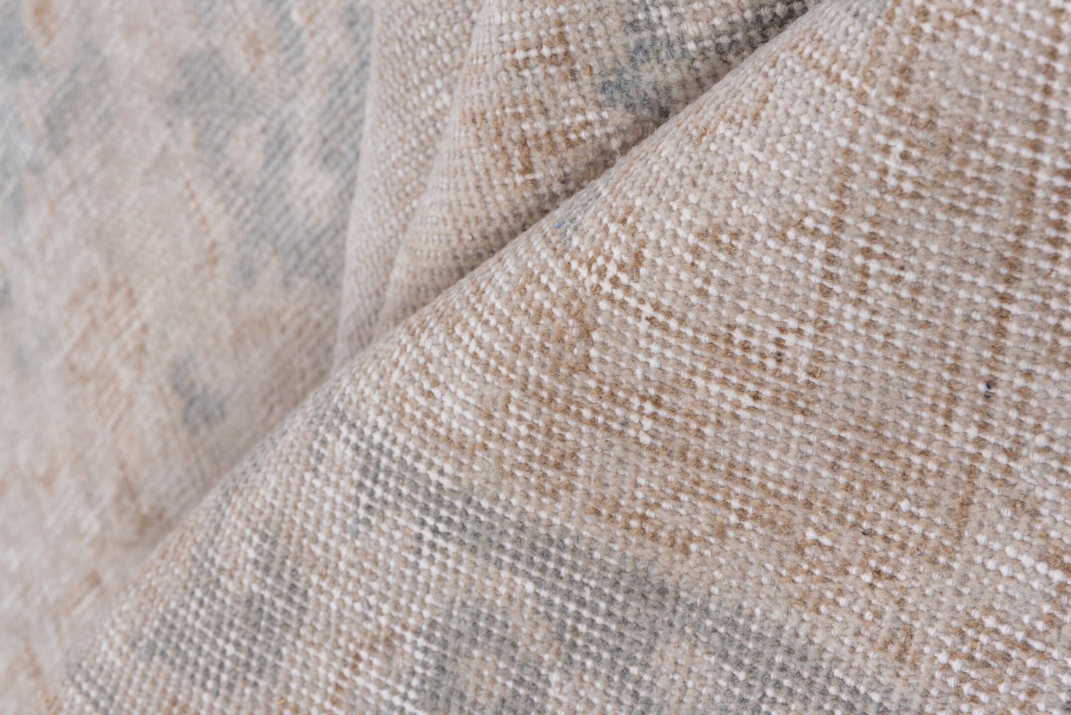 7' x 10' one-of-a-kind handmade vintage Oushak large size rug. Color palette: ivory, beige, taupe, pale blue, sand