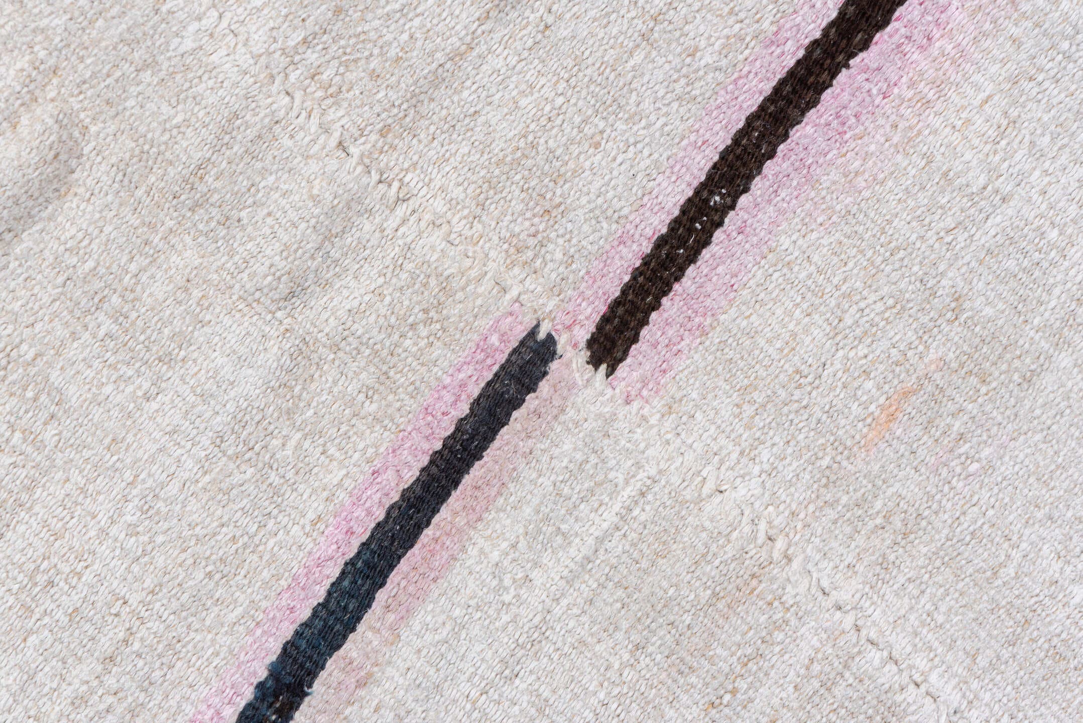 5' x 14' one-of-a-kind handmade vintage Hemp Kilim rug. Color palette: ivory, charcoal, pink, gray, soft_blue, black