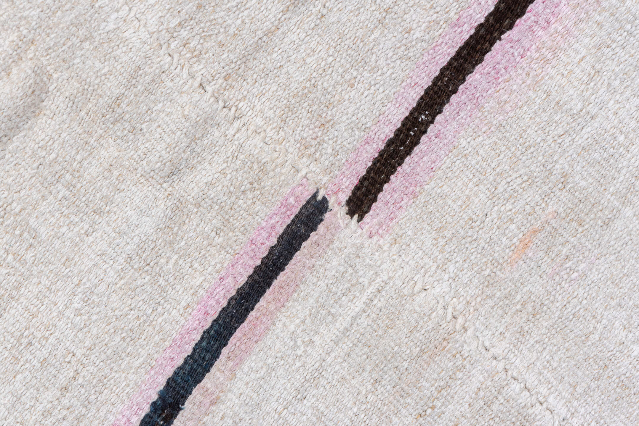 5' x 14' one-of-a-kind handmade vintage Hemp Kilim rug. Color palette: ivory, charcoal, pink, gray, soft_blue, black