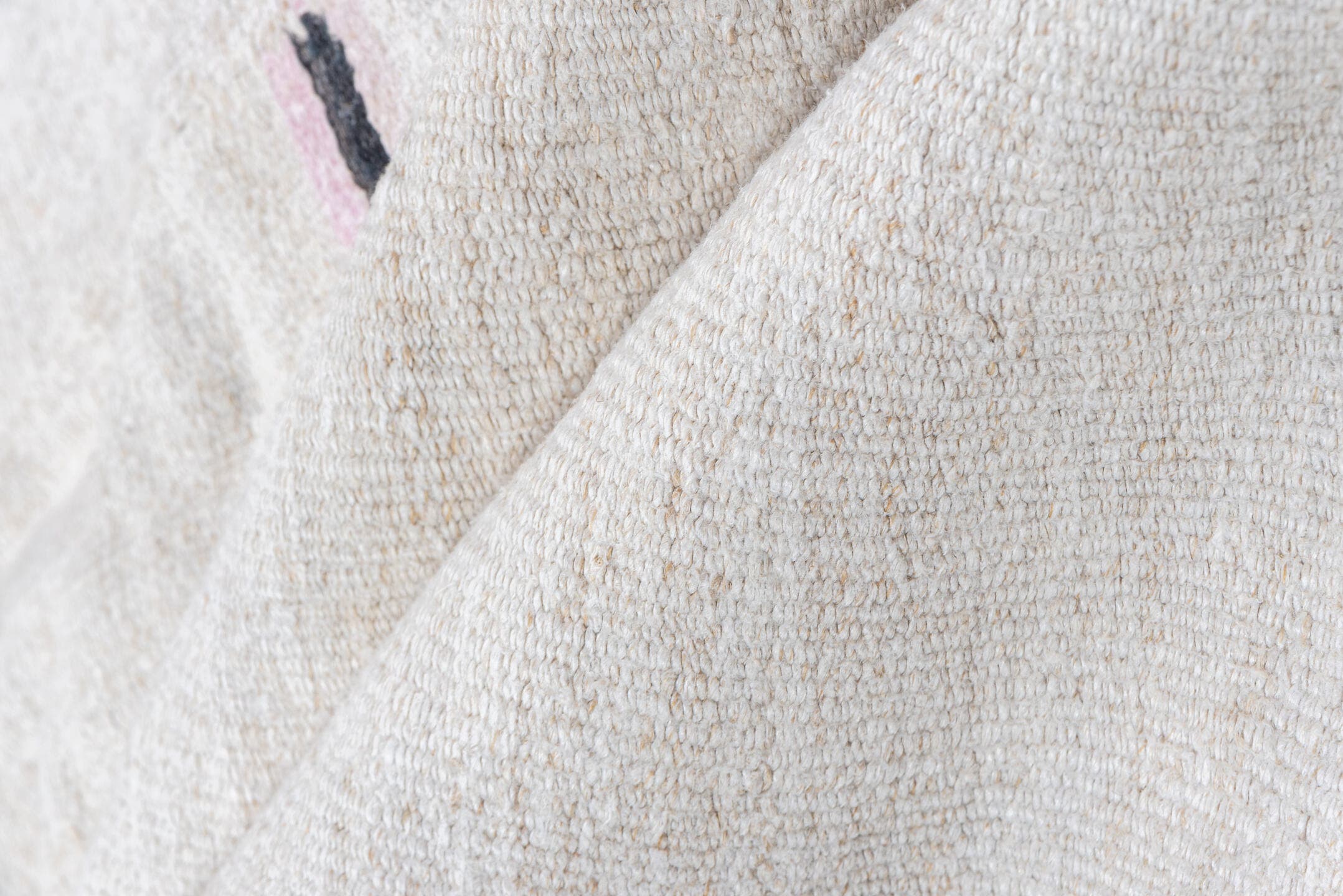 5' x 14' one-of-a-kind handmade vintage Hemp Kilim rug. Color palette: ivory, charcoal, pink, gray, soft_blue, black