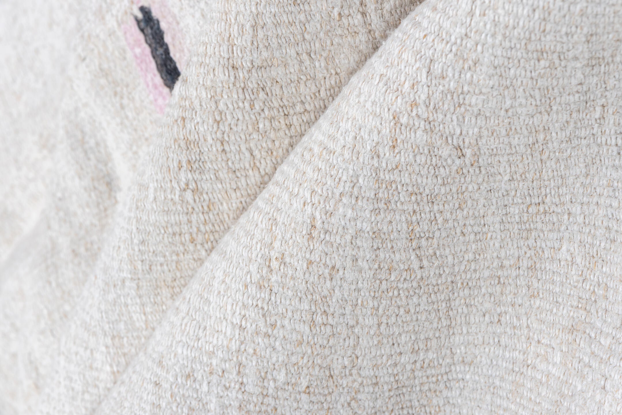 5' x 14' one-of-a-kind handmade vintage Hemp Kilim rug. Color palette: ivory, charcoal, pink, gray, soft_blue, black