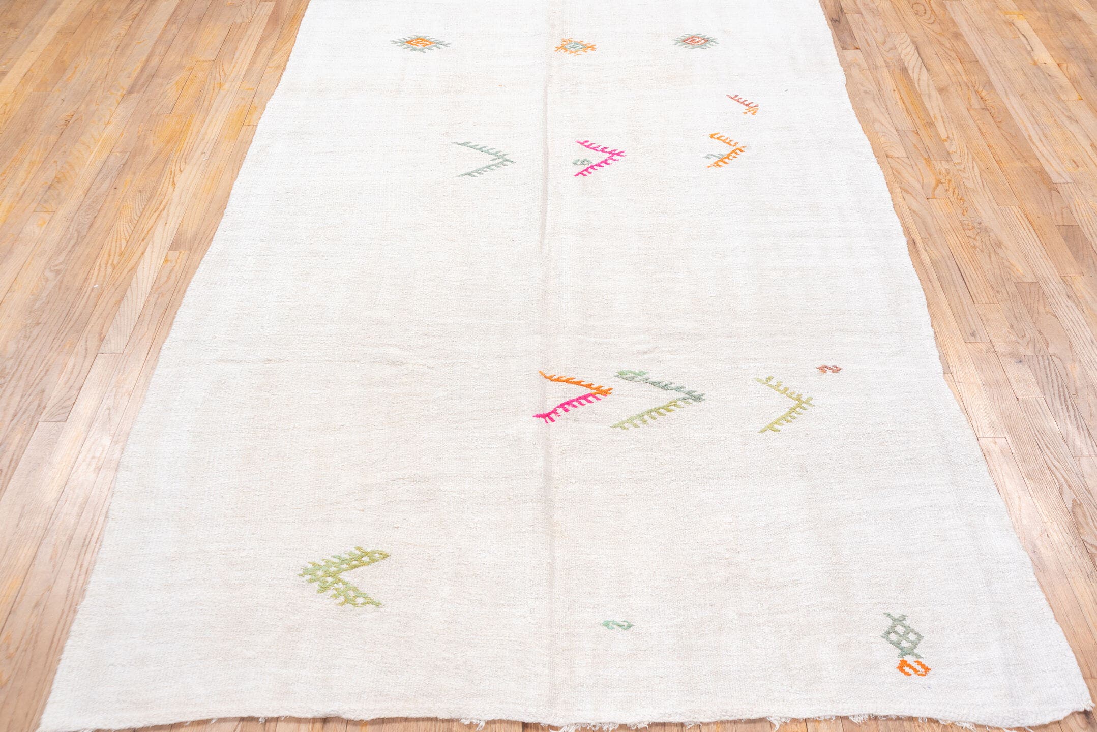 5' x 13' one-of-a-kind handmade vintage Hemp Kilim rug. Color palette: ivory, sage, orange, pink, taupe, olive, green
