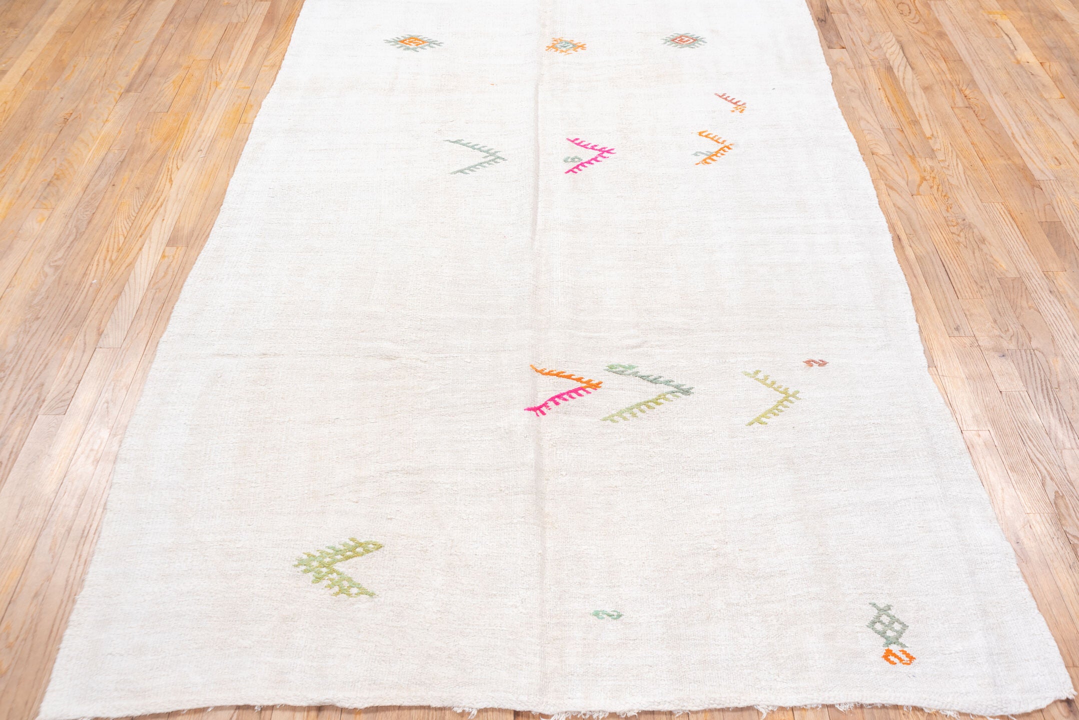 5' x 13' one-of-a-kind handmade vintage Hemp Kilim rug. Color palette: ivory, sage, orange, pink, taupe, olive, green