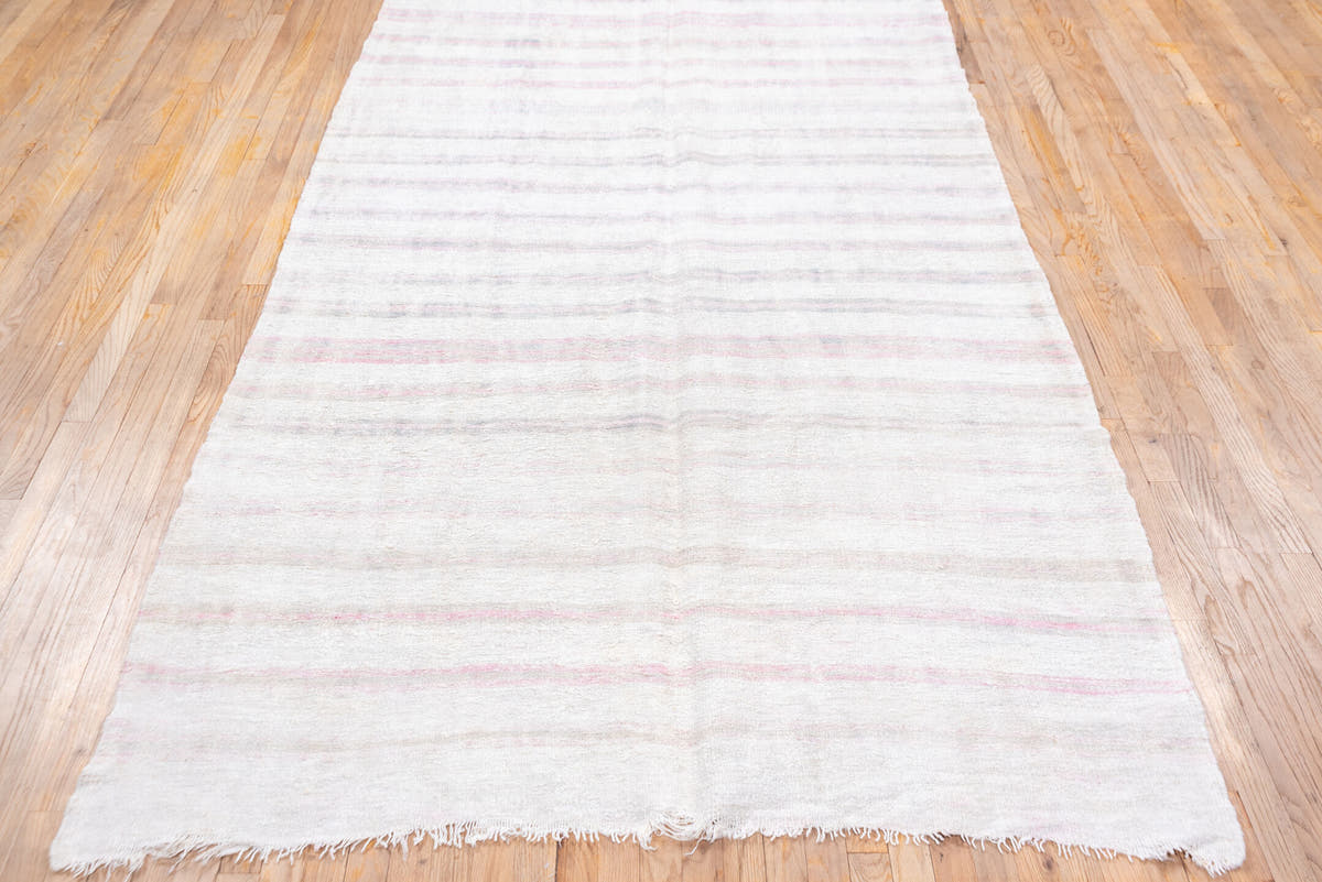 5' x 14' one-of-a-kind handmade vintage Hemp Kilim rug. Color palette: ivory, blush, pale gray, lavender, taupe, pink