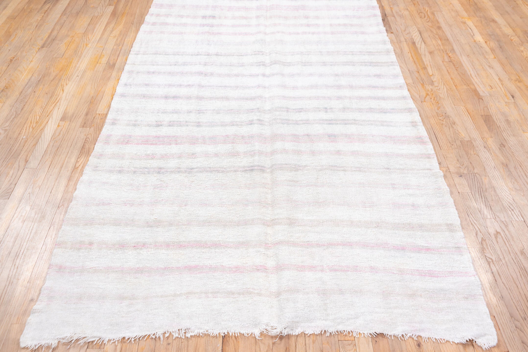 5' x 14' one-of-a-kind handmade vintage Hemp Kilim rug. Color palette: ivory, blush, pale gray, lavender, taupe, pink