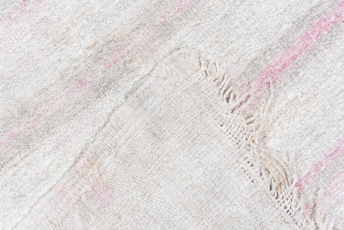 5' x 14' one-of-a-kind handmade vintage Hemp Kilim rug. Color palette: ivory, blush, pale gray, lavender, taupe, pink