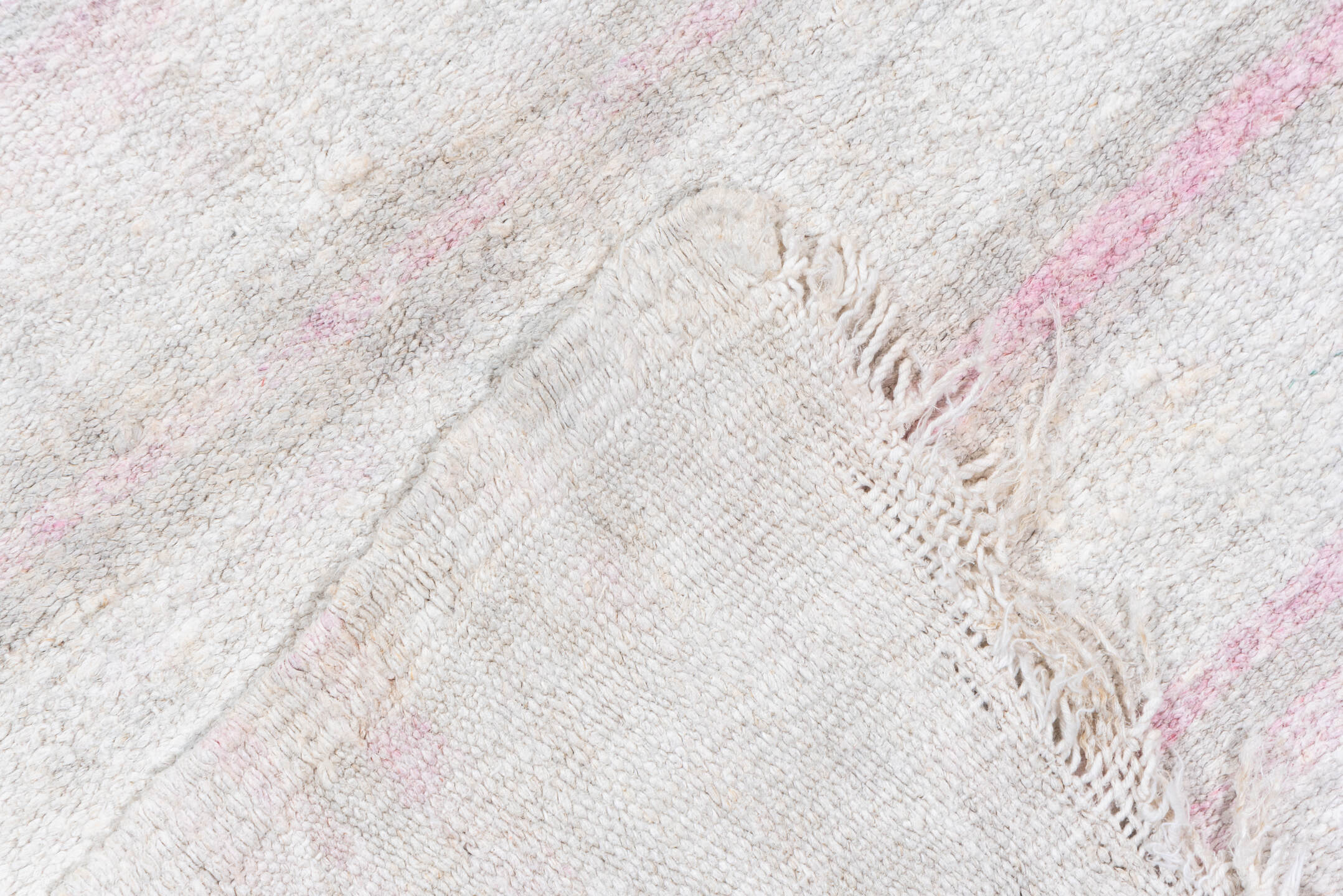 5' x 14' one-of-a-kind handmade vintage Hemp Kilim rug. Color palette: ivory, blush, pale gray, lavender, taupe, pink