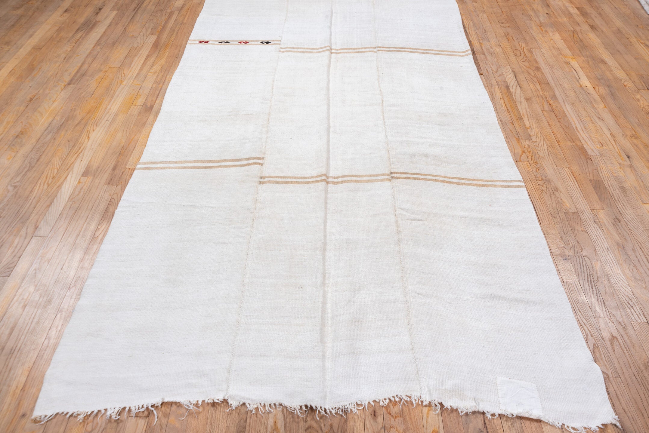 5' x 14' one-of-a-kind handmade vintage Hemp Kilim rug. Color palette: ivory, cream, camel, taupe, burgundy, charcoal, beige