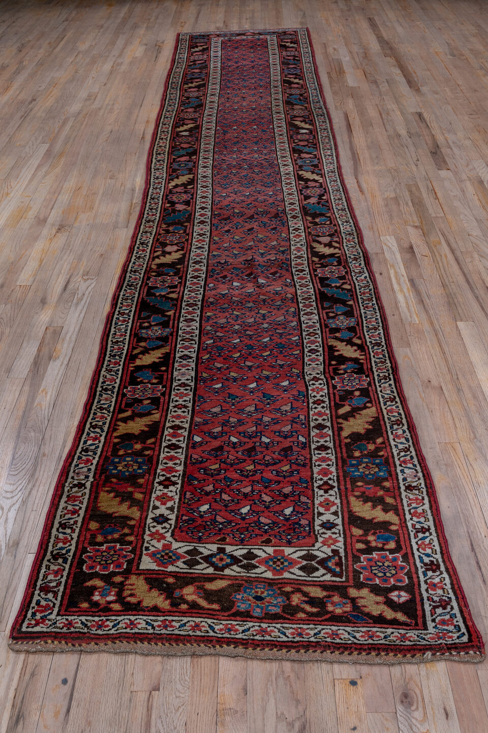 2' x 14' one-of-a-kind handmade vintage Kurd Bidjar runner rug. Color palette: brown, gray, off-white, pink, red, snow