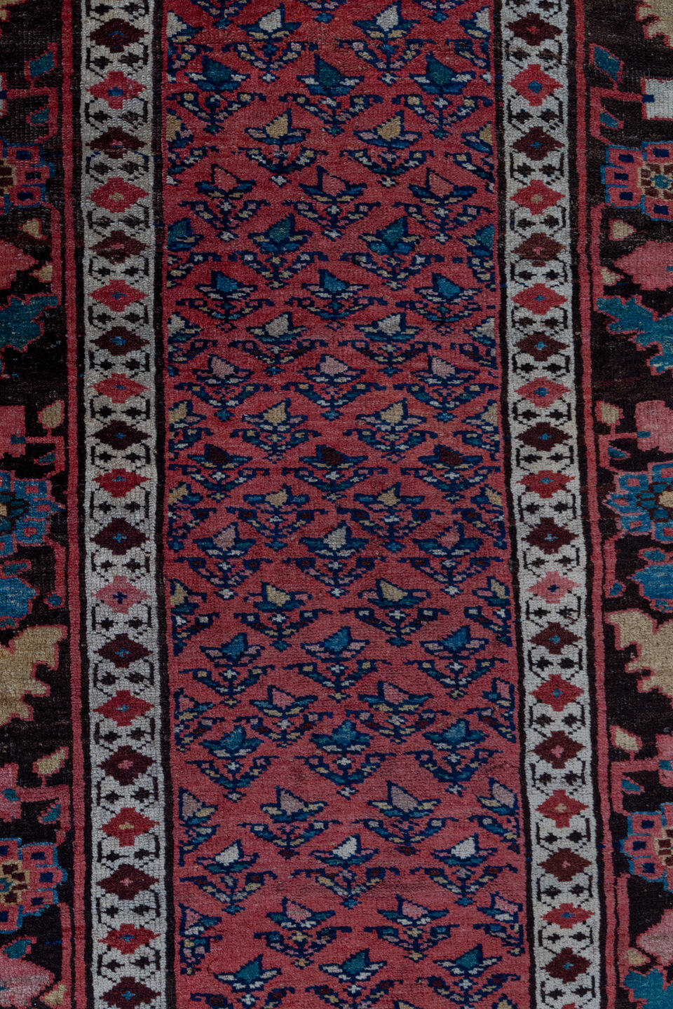 2' x 14' one-of-a-kind handmade vintage Kurd Bidjar runner rug. Color palette: brown, gray, off-white, pink, red, snow