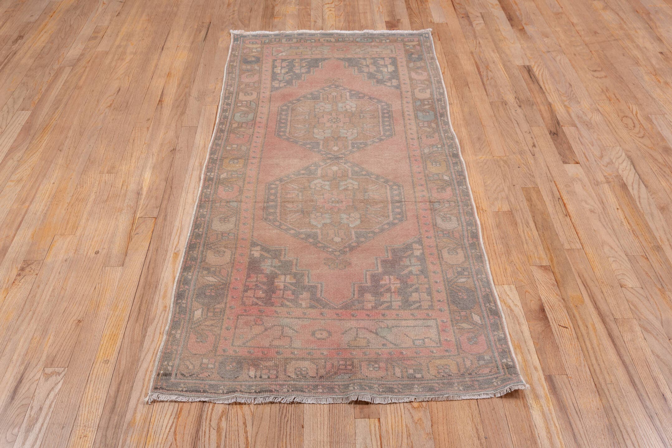 2' x 6' one-of-a-kind handmade antique Oushak runner rug. Color palette: rose, taupe, brown, charcoal, peach, ivory, sage