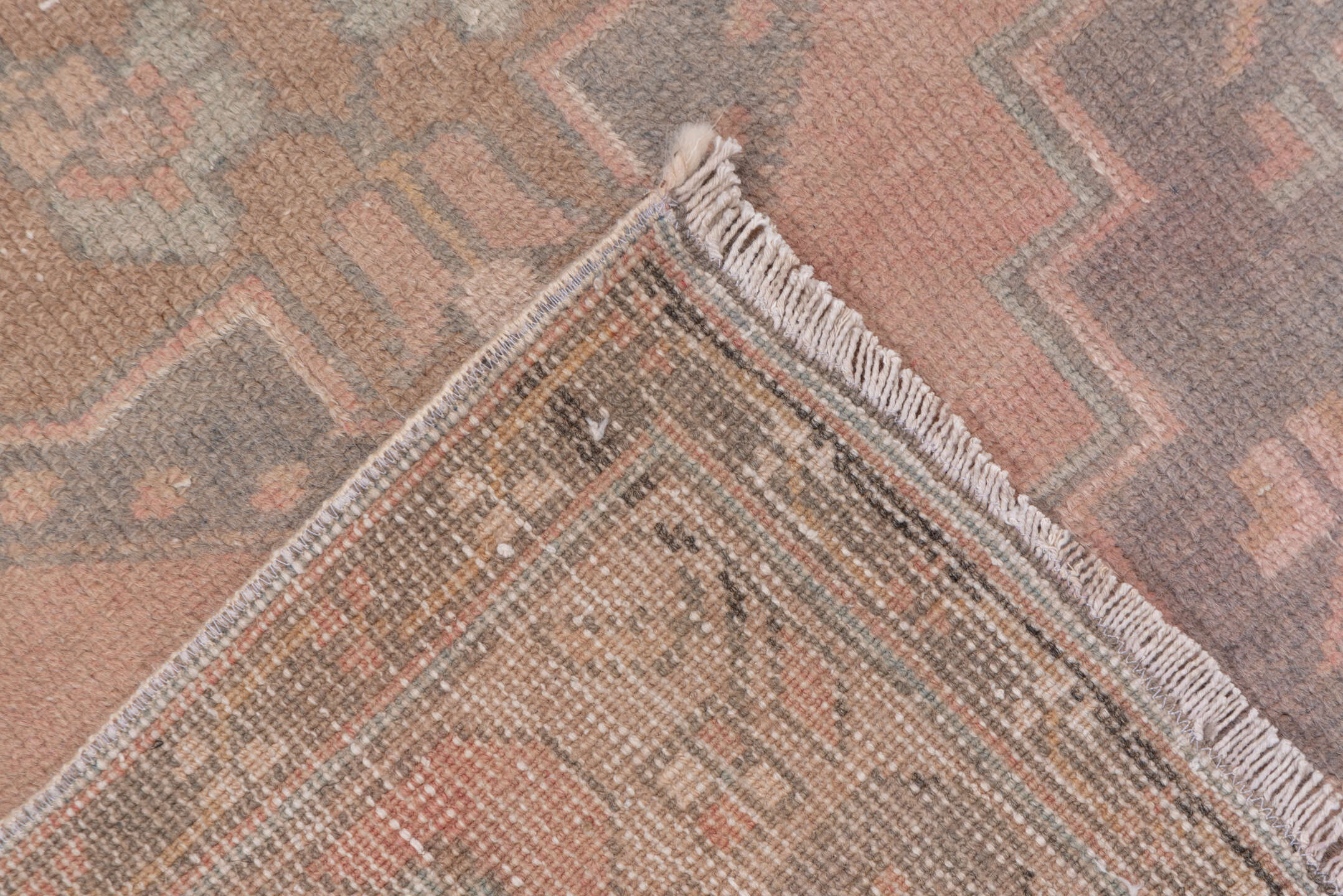 2' x 6' one-of-a-kind handmade vintage Oushak runner rug. Color palette: brown, gray, light gray, off-white, pink, snow