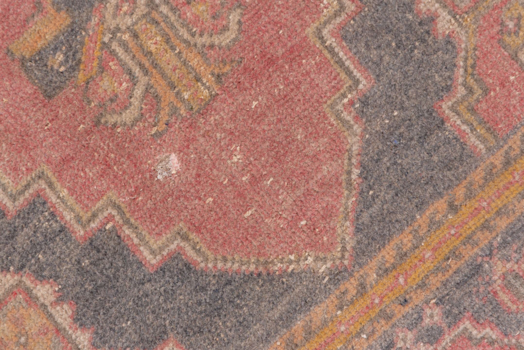 4' x 7' one-of-a-kind handmade antique Oushak rug. Color palette: rose, taupe, slate, ivory, gold, terra cotta, dusty blue