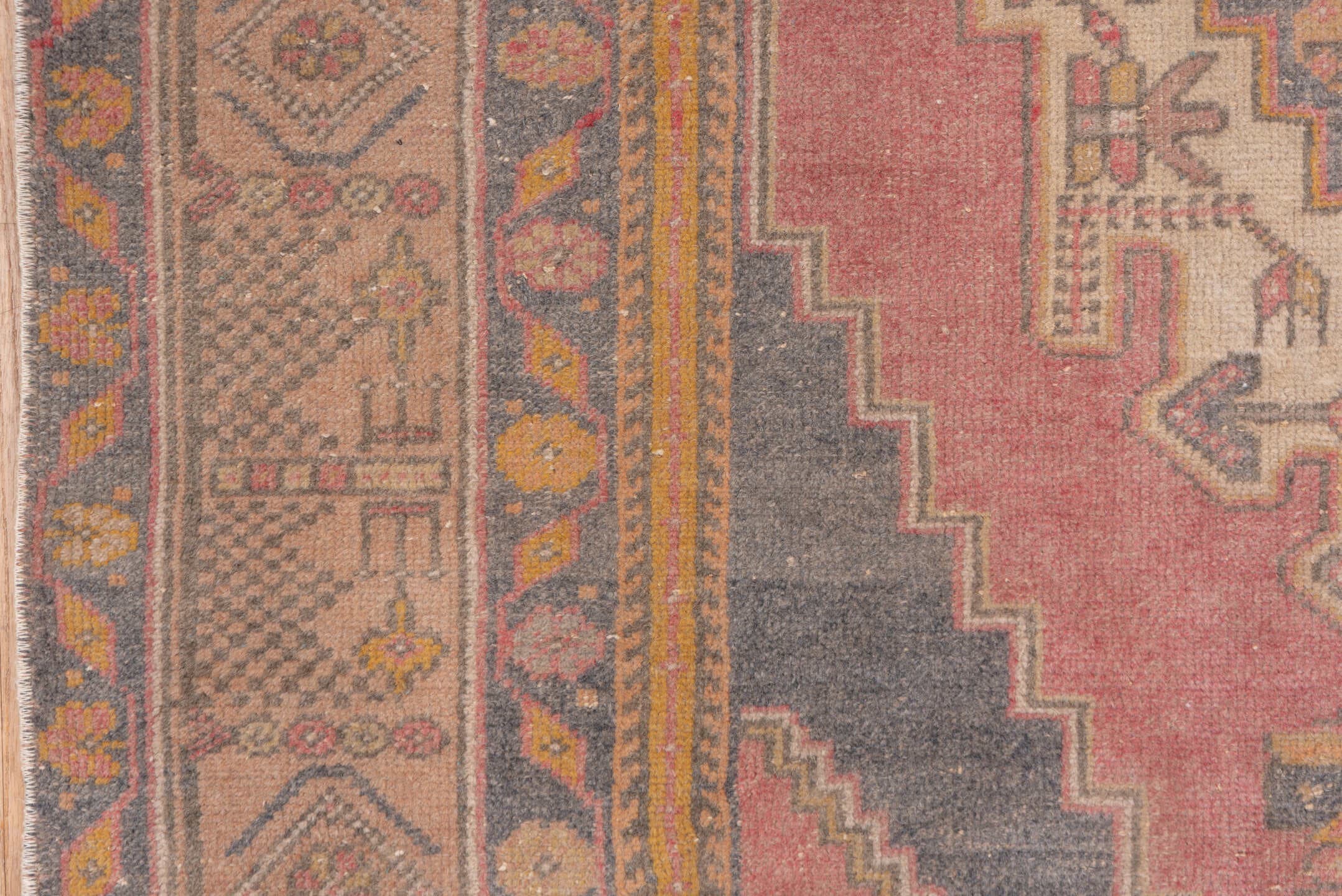 4' x 7' one-of-a-kind handmade antique Oushak rug. Color palette: rose, taupe, slate, ivory, gold, terra cotta, dusty blue