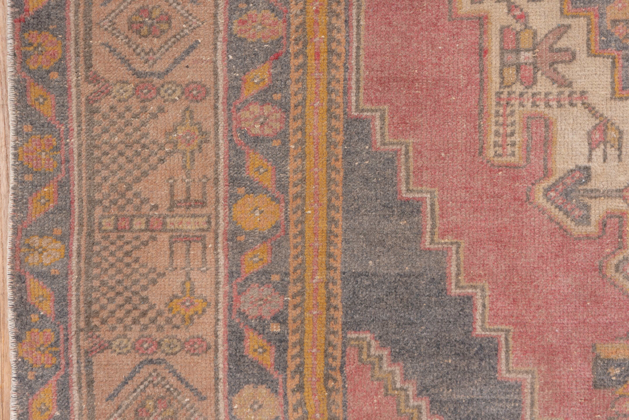 4' x 7' one-of-a-kind handmade antique Oushak rug. Color palette: rose, taupe, slate, ivory, gold, terra cotta, dusty blue