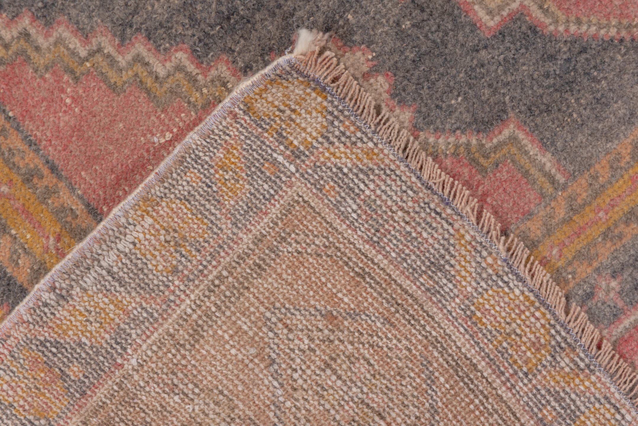 4' x 7' one-of-a-kind handmade antique Oushak rug. Color palette: rose, taupe, slate, ivory, gold, terra cotta, dusty blue