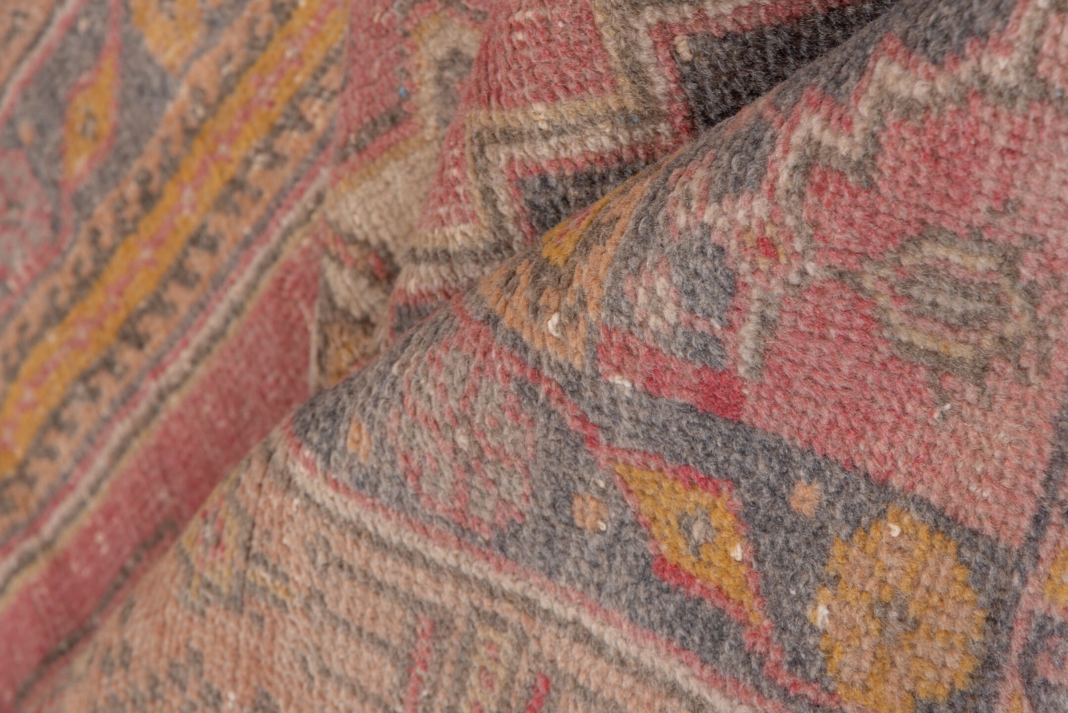4' x 7' one-of-a-kind handmade antique Oushak rug. Color palette: rose, taupe, slate, ivory, gold, terra cotta, dusty blue