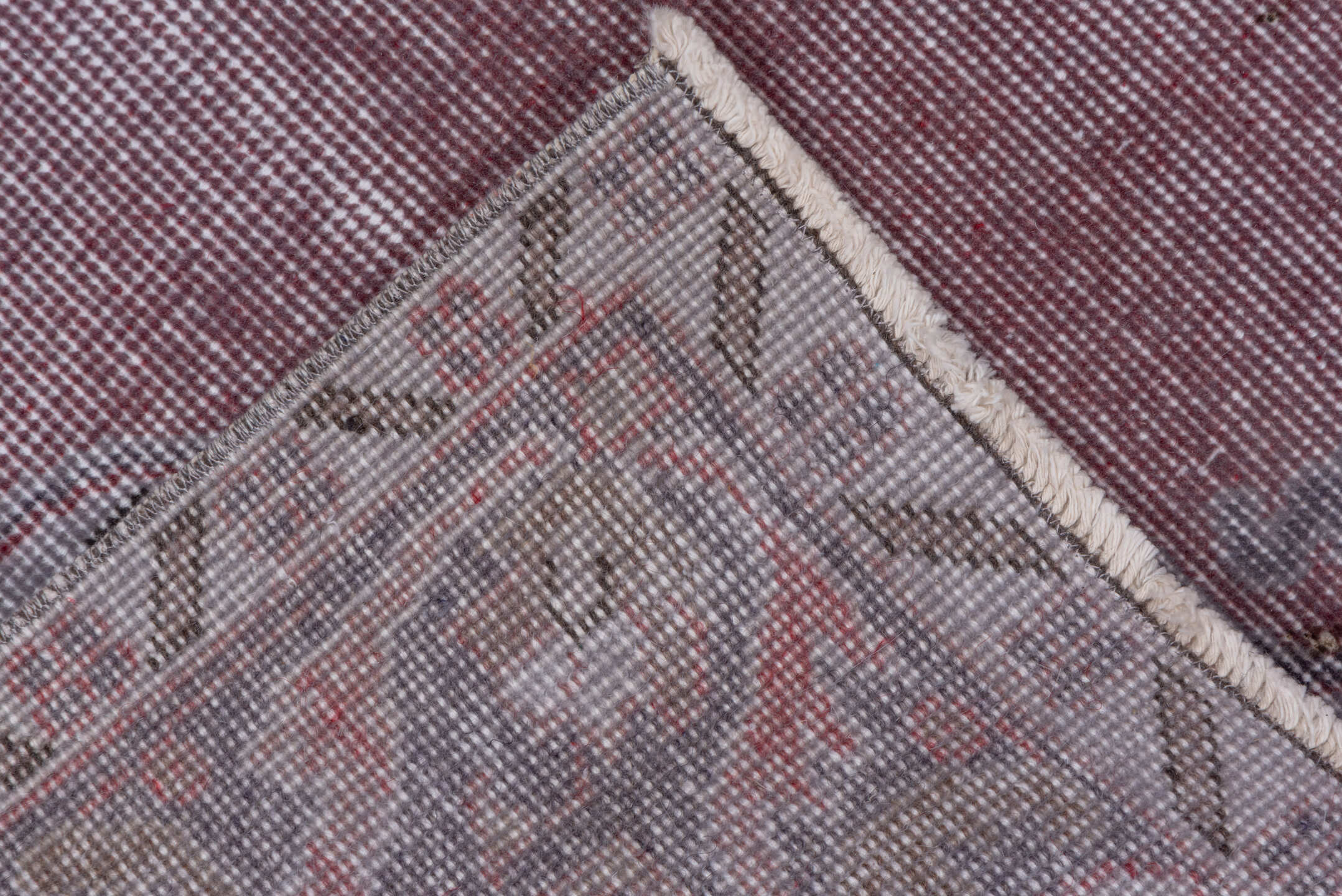 3' x 7' one-of-a-kind handmade vintage Overdyed rug. Color palette: dark gray, gray, light gray, off-white, pink