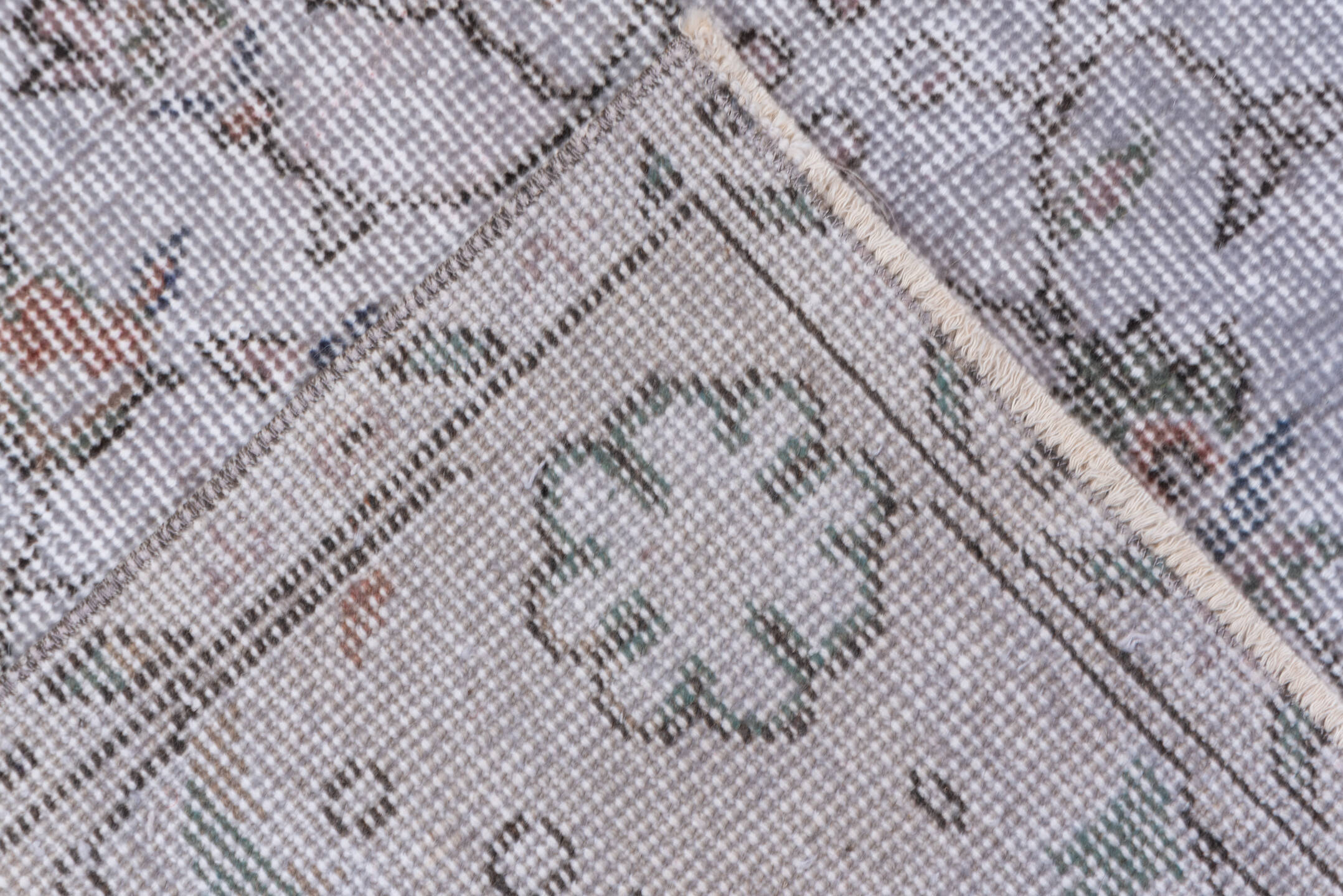 5' x 9' one-of-a-kind handmade antique Sparta medium size rug. Color palette: ivory, taupe, sage, rose, slate, beige, gray