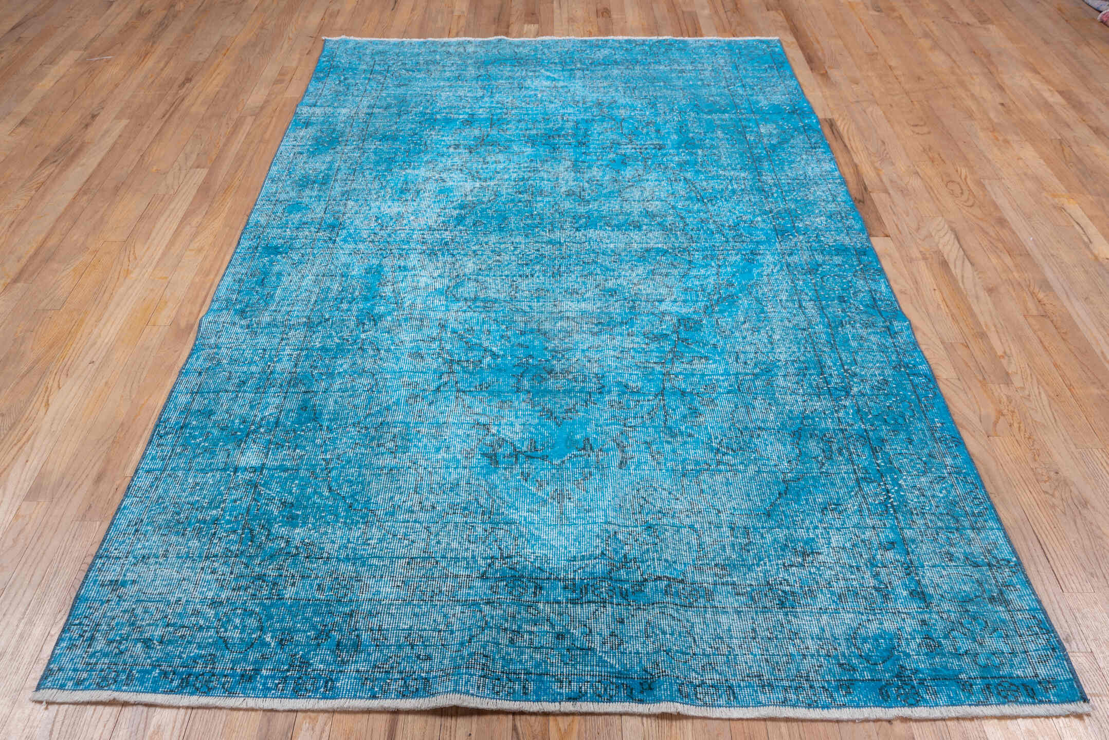 5' x 9' one-of-a-kind handmade antique Overdyed medium size rug. Color palette: turquoise, aqua, teal, ivory, charcoal, gray