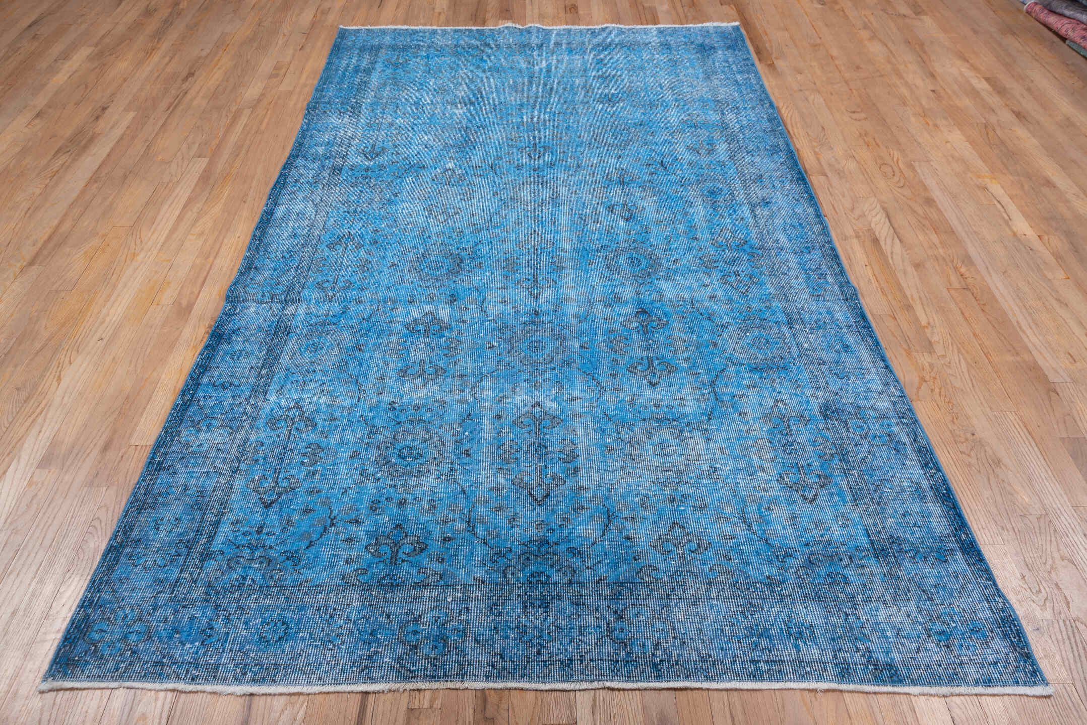 5' x 9' one-of-a-kind handmade vintage Overdyed medium size rug. Color palette: arapawa, blue, gray, light blue, light gray