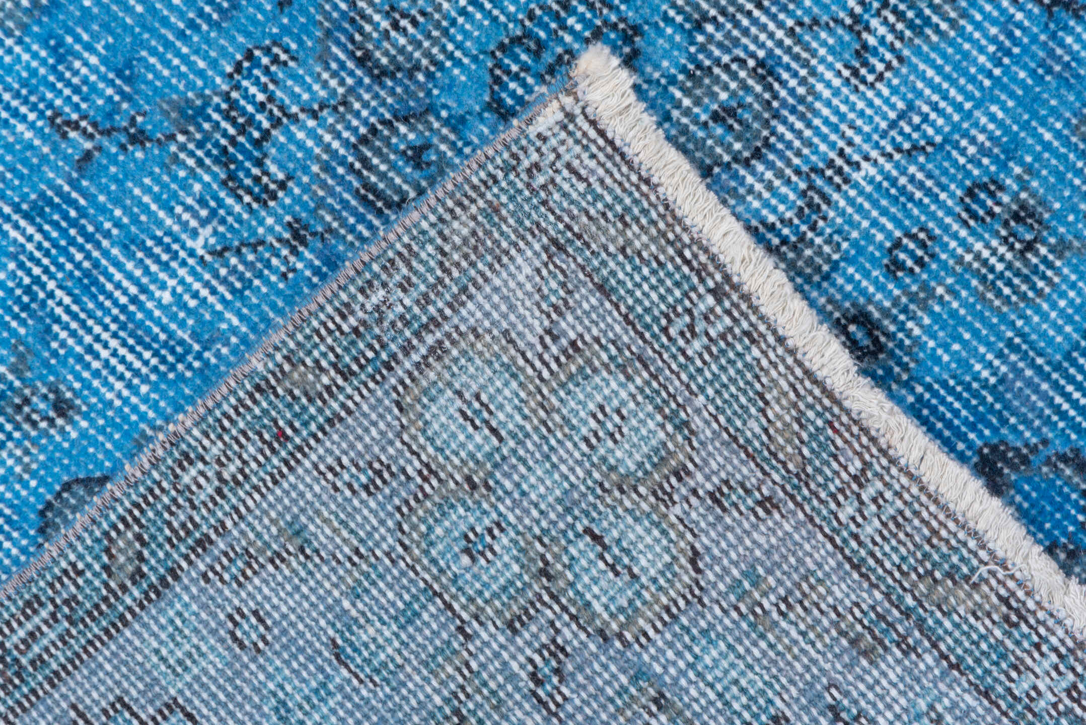 5' x 9' one-of-a-kind handmade vintage Overdyed medium size rug. Color palette: arapawa, blue, gray, light blue, light gray