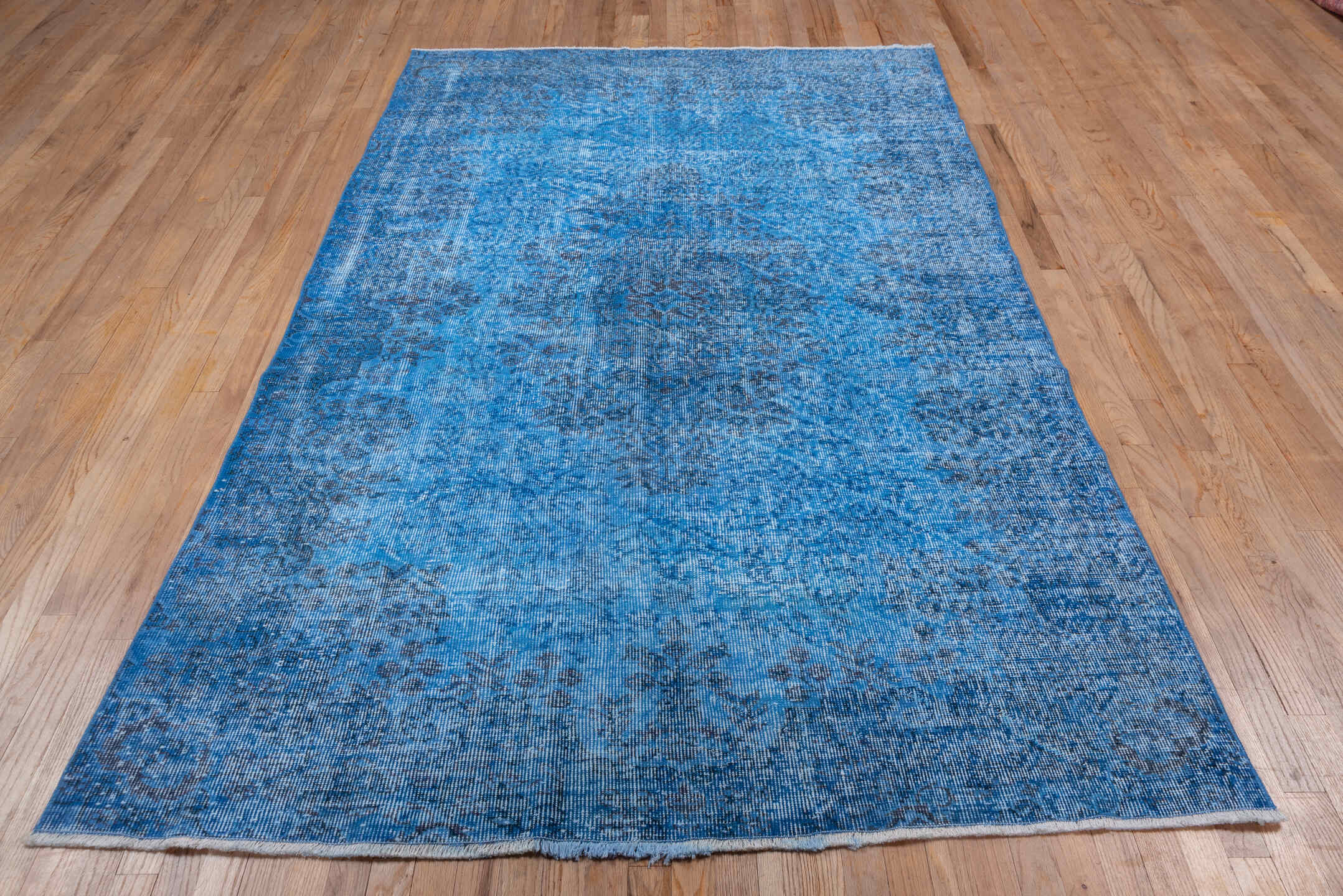 5' x 8' one-of-a-kind handmade vintage Overdyed medium size rug. Color palette: blue, gray, light blue, light steel blue