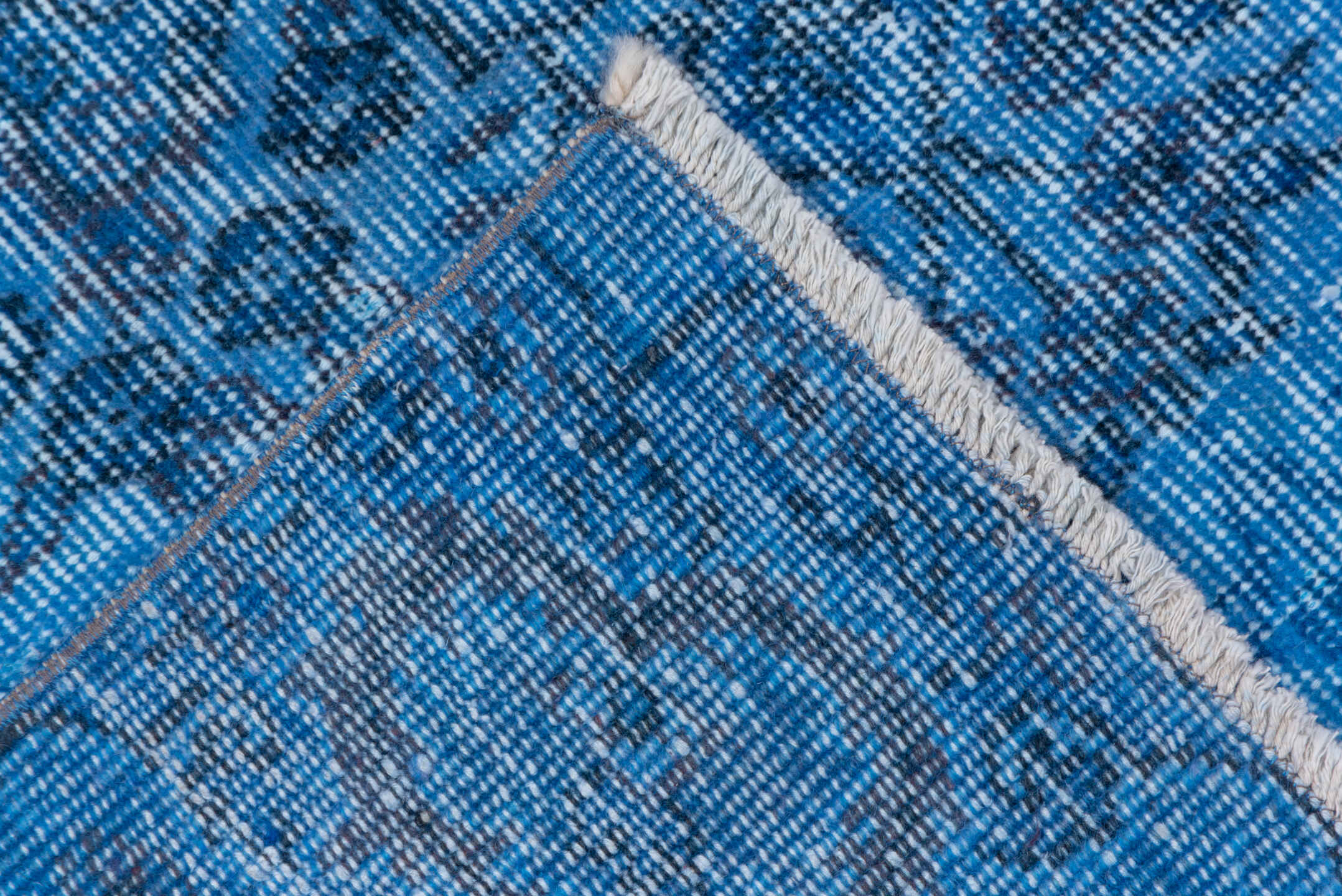 5' x 8' one-of-a-kind handmade antique Overdyed medium size rug. Color palette: sky blue, azure, slate, ivory, light blue