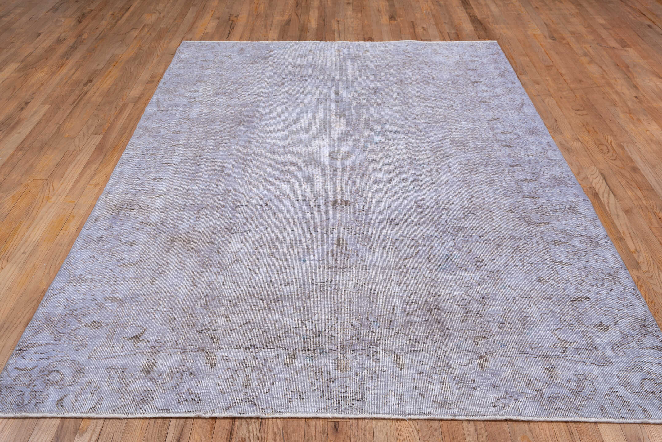 6' x 9' one-of-a-kind handmade vintage Overdyed medium size rug. Color palette: gainsboro, gray, light gray, off-white, pink