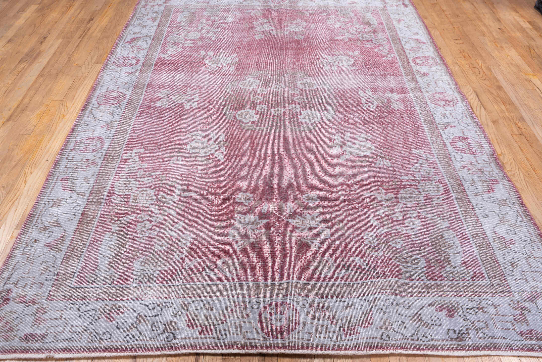 6' x 9' one-of-a-kind handmade antique Sparta medium size rug. Color palette: rose, ivory, blush, taupe, dusty pink, sage