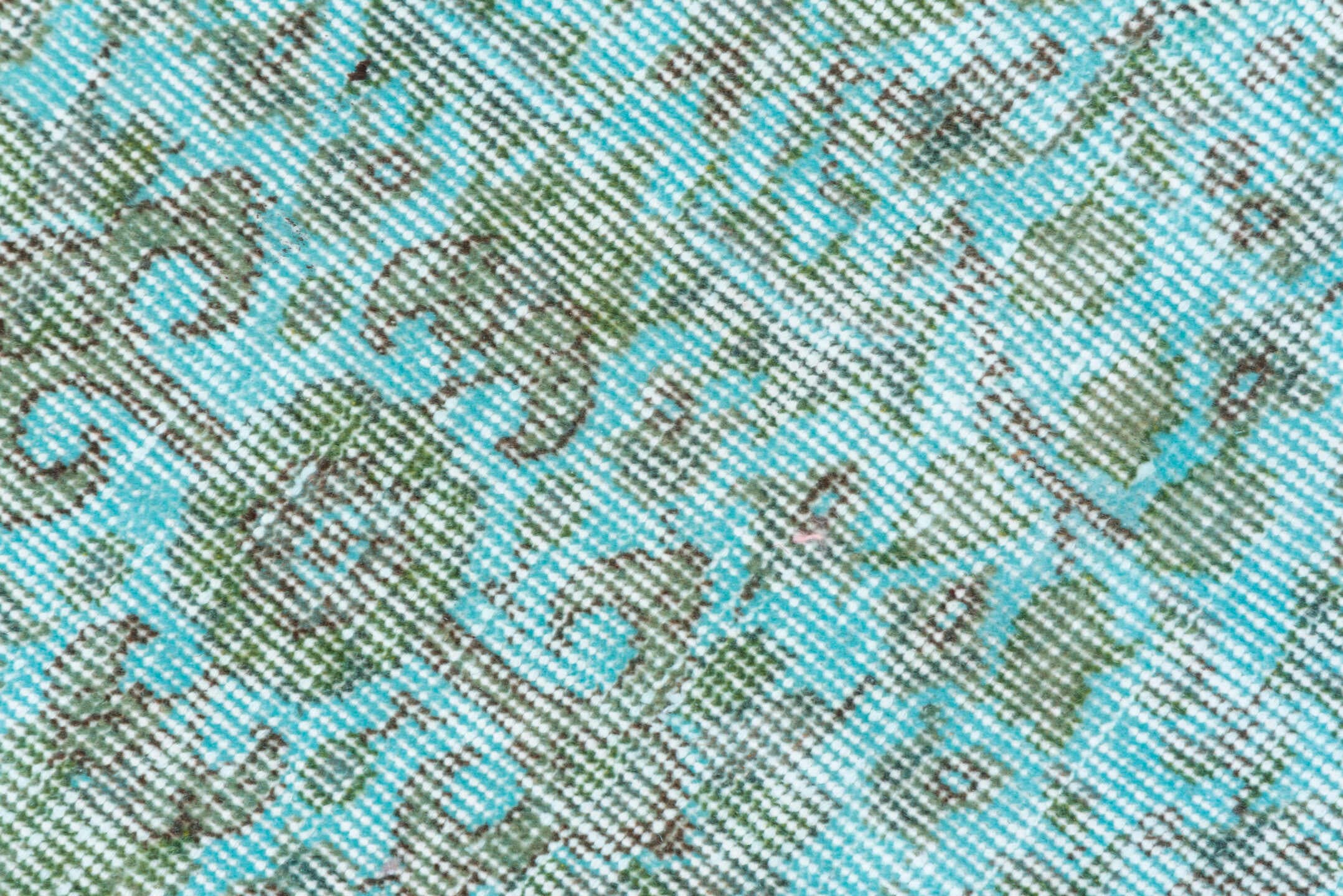 5' x 9' one-of-a-kind handmade antique Overdyed medium size rug. Color palette: aqua, ivory, sage, taupe, seafoam, pale gray