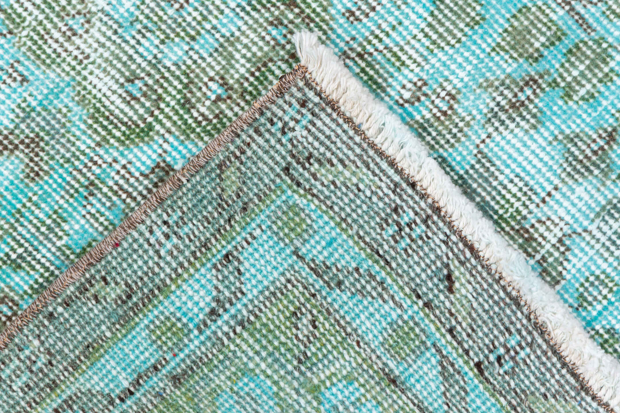 5' x 9' one-of-a-kind handmade antique Overdyed medium size rug. Color palette: aqua, ivory, sage, taupe, seafoam, pale gray