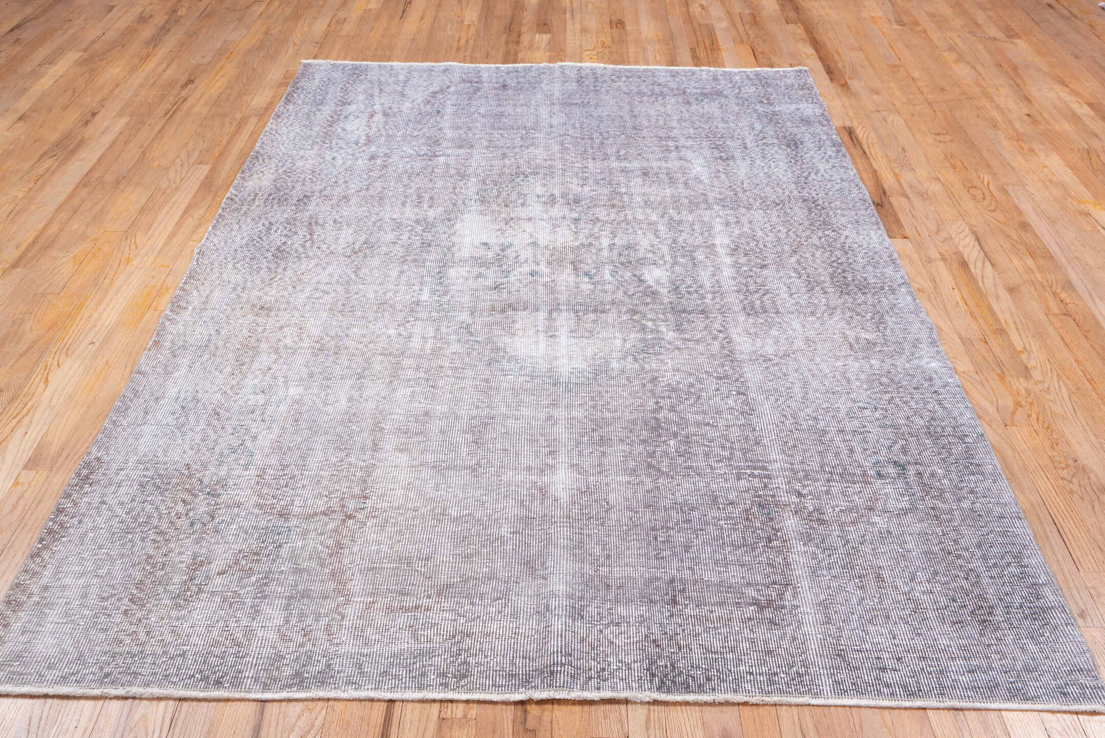 6' x 8' one-of-a-kind handmade vintage Overdyed medium size rug. Color palette: gray, off-white, light gray, pink, gainsboro