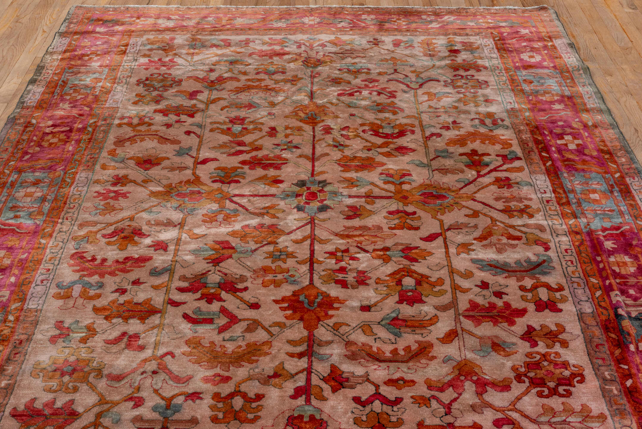 6' x 10' one-of-a-kind handmade antique Hooked large size rug. Color palette: rose, rust, coral, ivory, muted blue