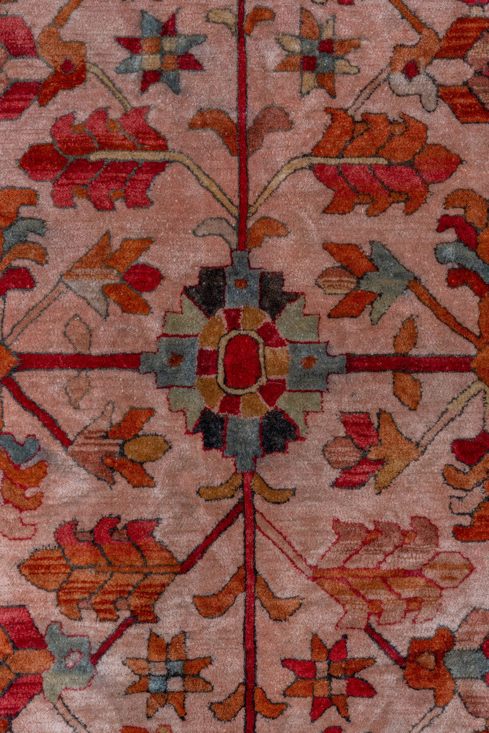6' x 10' one-of-a-kind handmade antique Hooked large size rug. Color palette: rose, rust, coral, ivory, muted blue