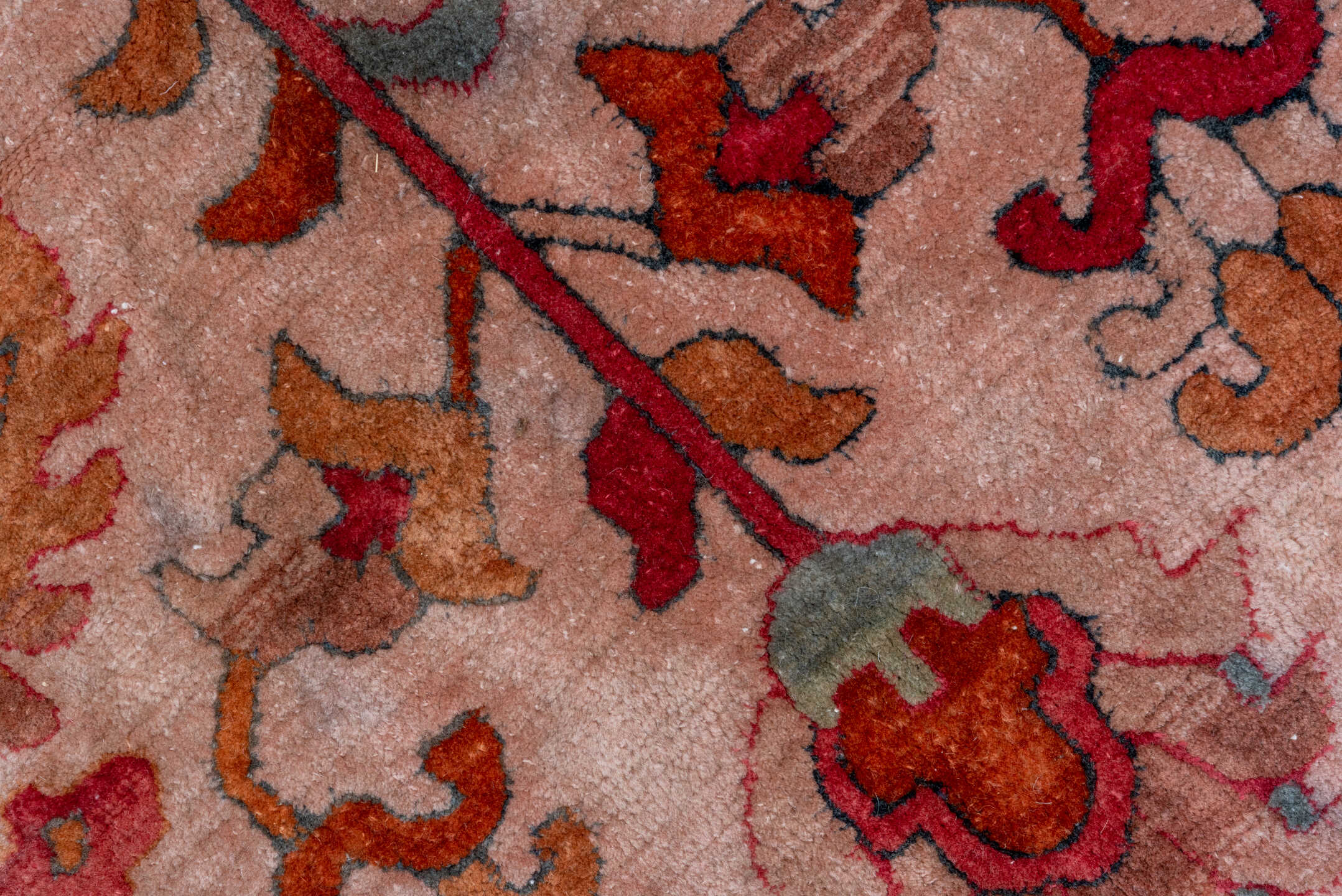 6' x 10' one-of-a-kind handmade antique Hooked large size rug. Color palette: rose, rust, coral, ivory, muted blue