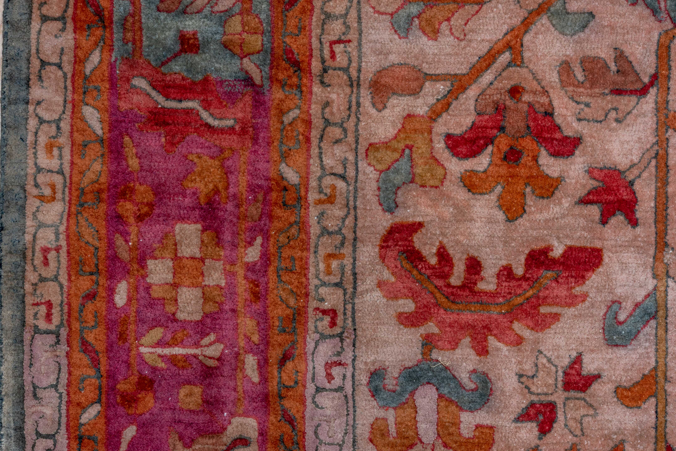 6' x 10' one-of-a-kind handmade antique Hooked large size rug. Color palette: rose, rust, coral, ivory, muted blue