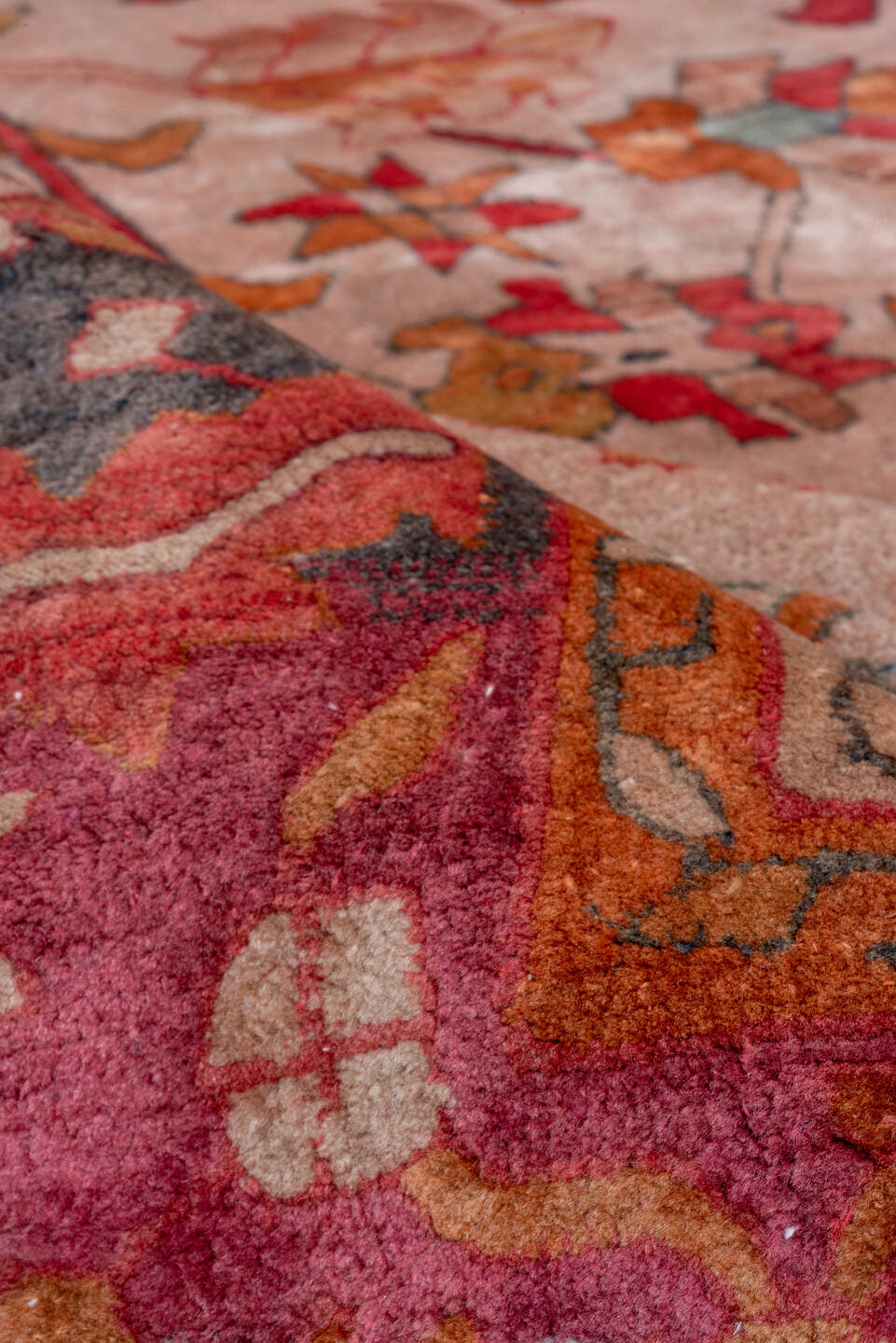 6' x 10' one-of-a-kind handmade antique Hooked large size rug. Color palette: rose, rust, coral, ivory, muted blue